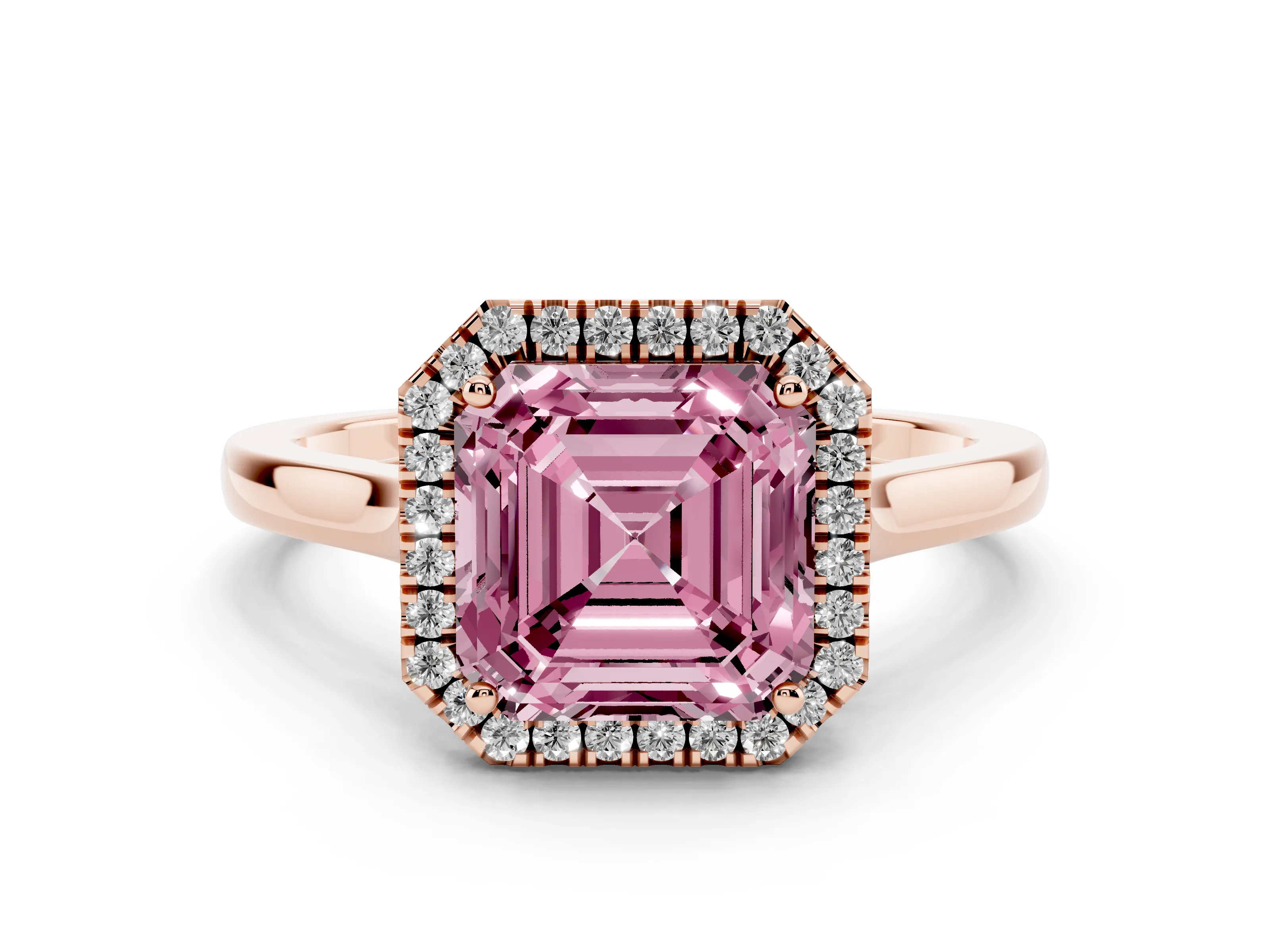 Fancy Pink Asscher Cut Halo Round Diamond Solitaire Ring Set in Rose gold with Pavé Band and Prong Setting