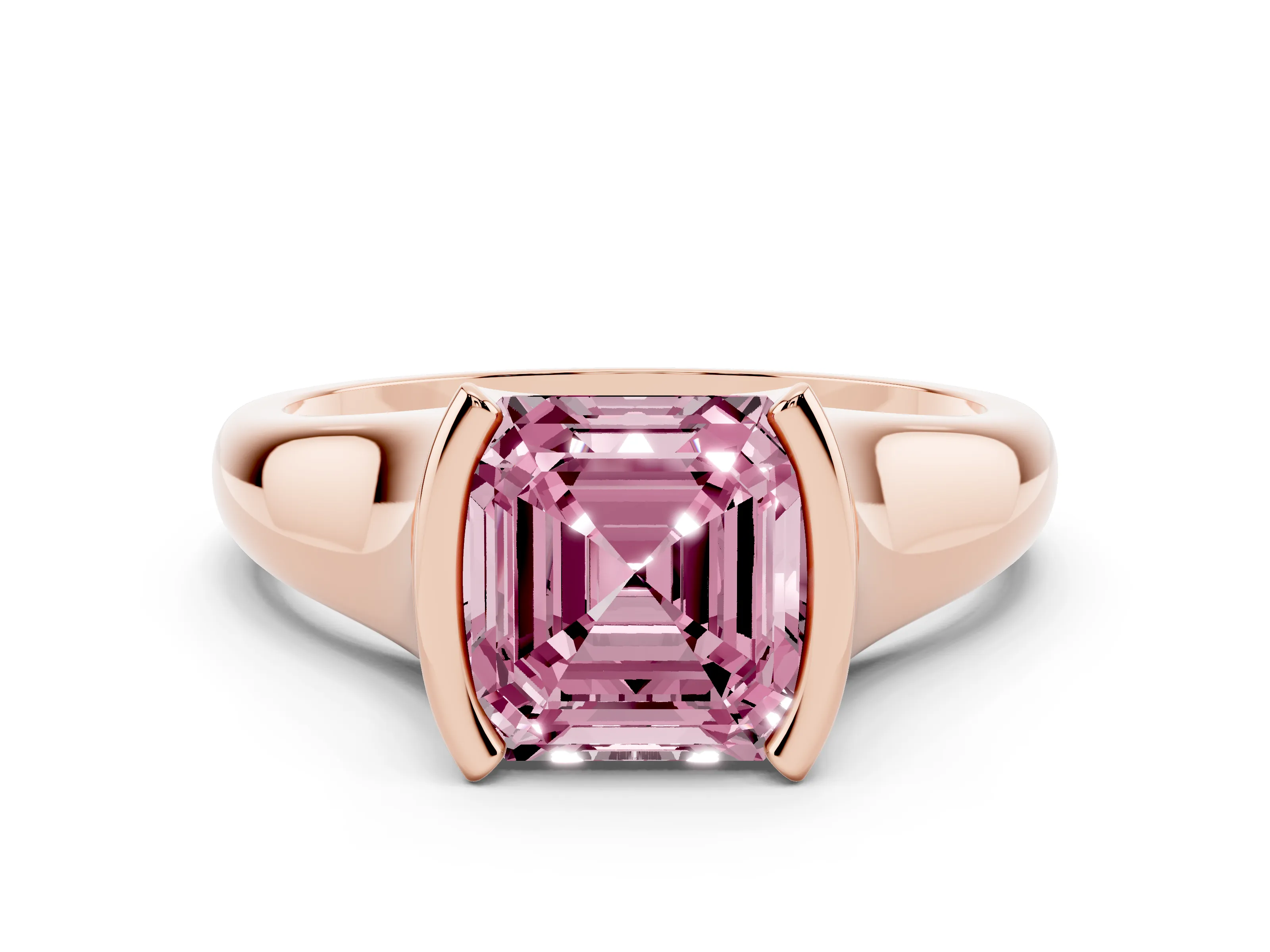 Fancy Pink Asscher Cut Diamond Solitaire Tension Set Ring Set in Rose gold with Split Shank Band