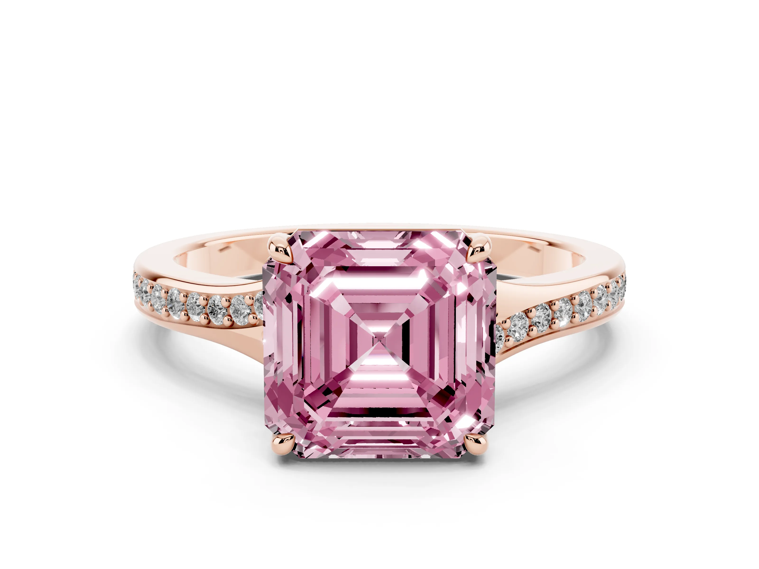Fancy Pink Asscher Cut Diamond Solitaire Ring Set in Rose gold with Pavé Accent Band and Classic Prong Setting