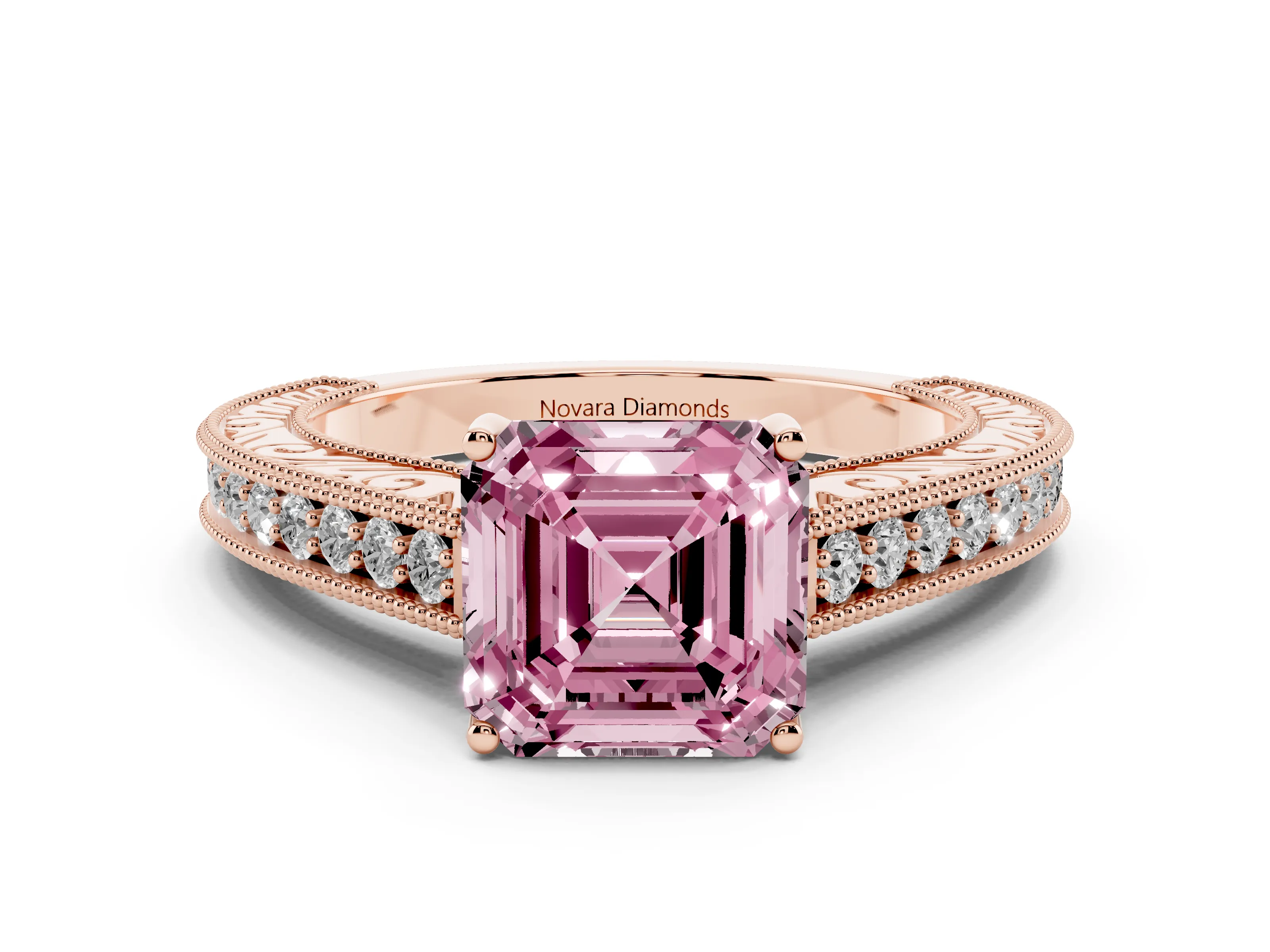 Fancy Pink Asscher Cut Diamond Milgrain Pavé Band Solitaire Ring Set in Rose gold with Prong Setting