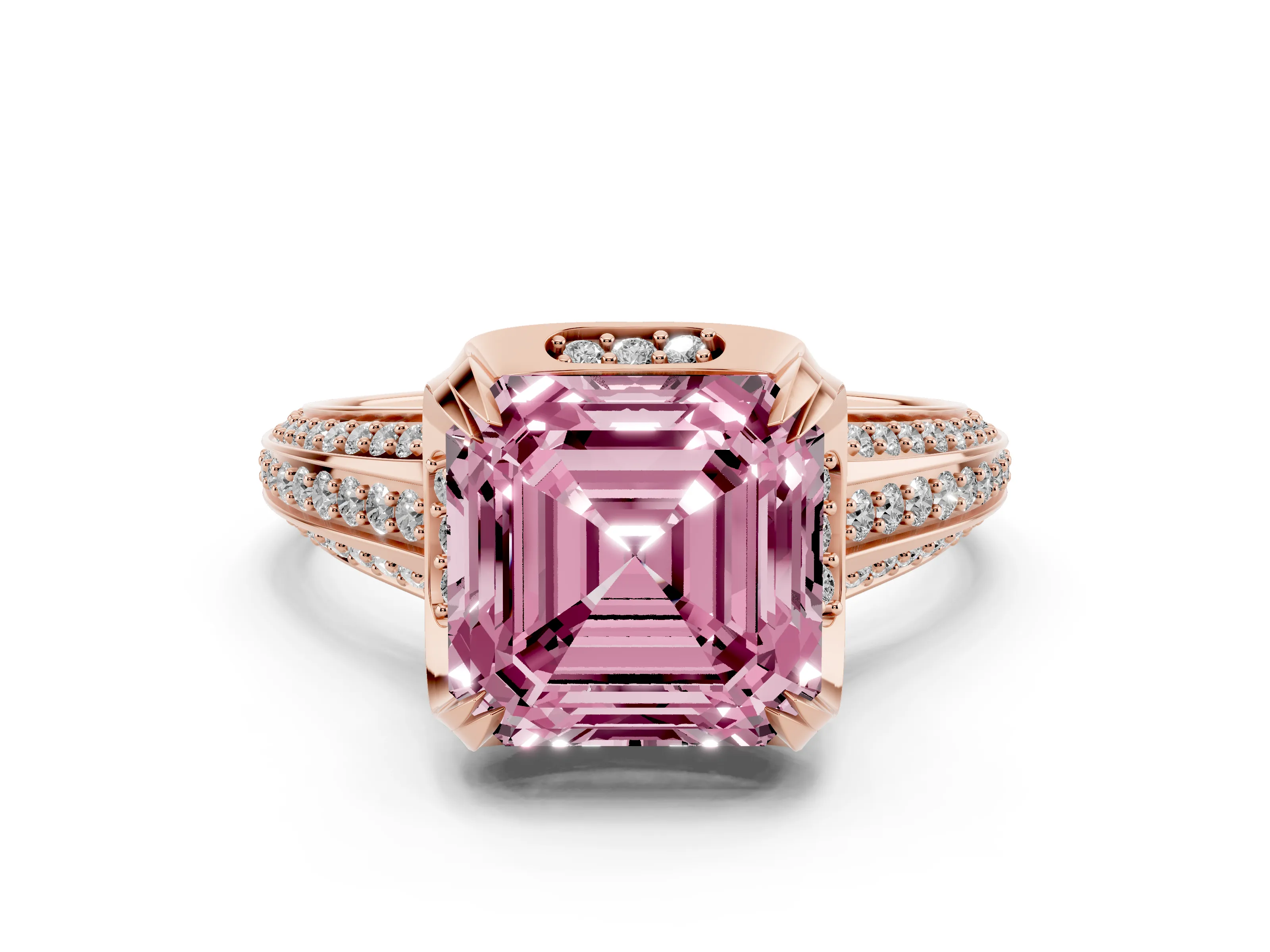 Fancy Pink Asscher Cut Diamond Pavé Split Shank Solitaire Ring Set in Rose gold with Prong Setting