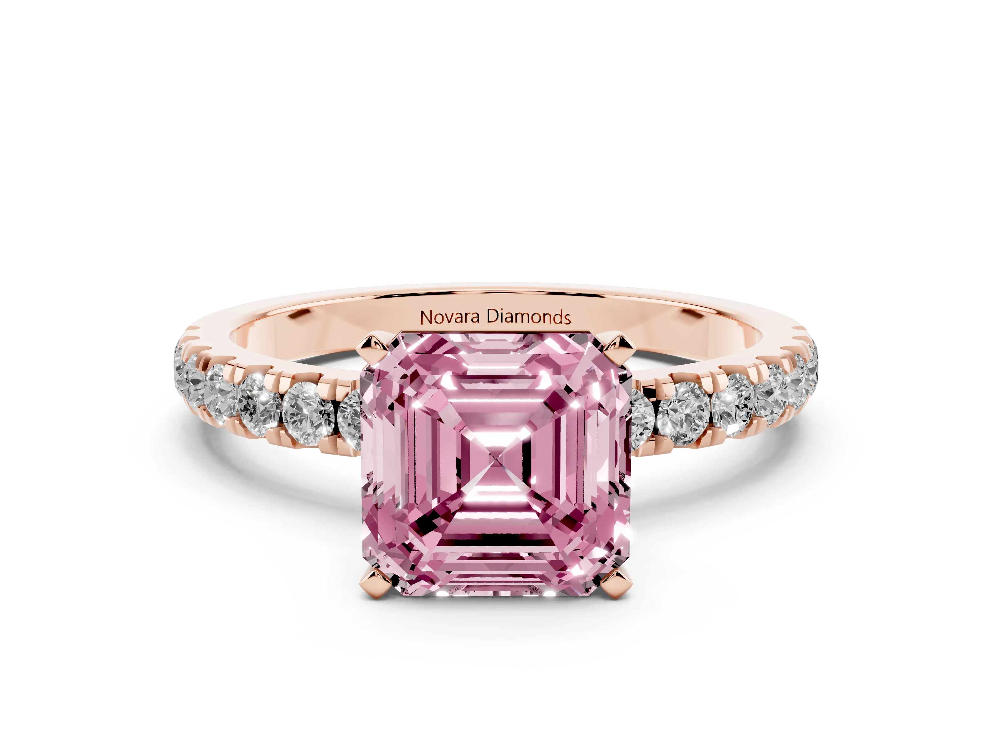 Fancy Pink Asscher Cut Diamond Solitaire Ring Set in Rose gold with Pavé Accents and Prong Setting
