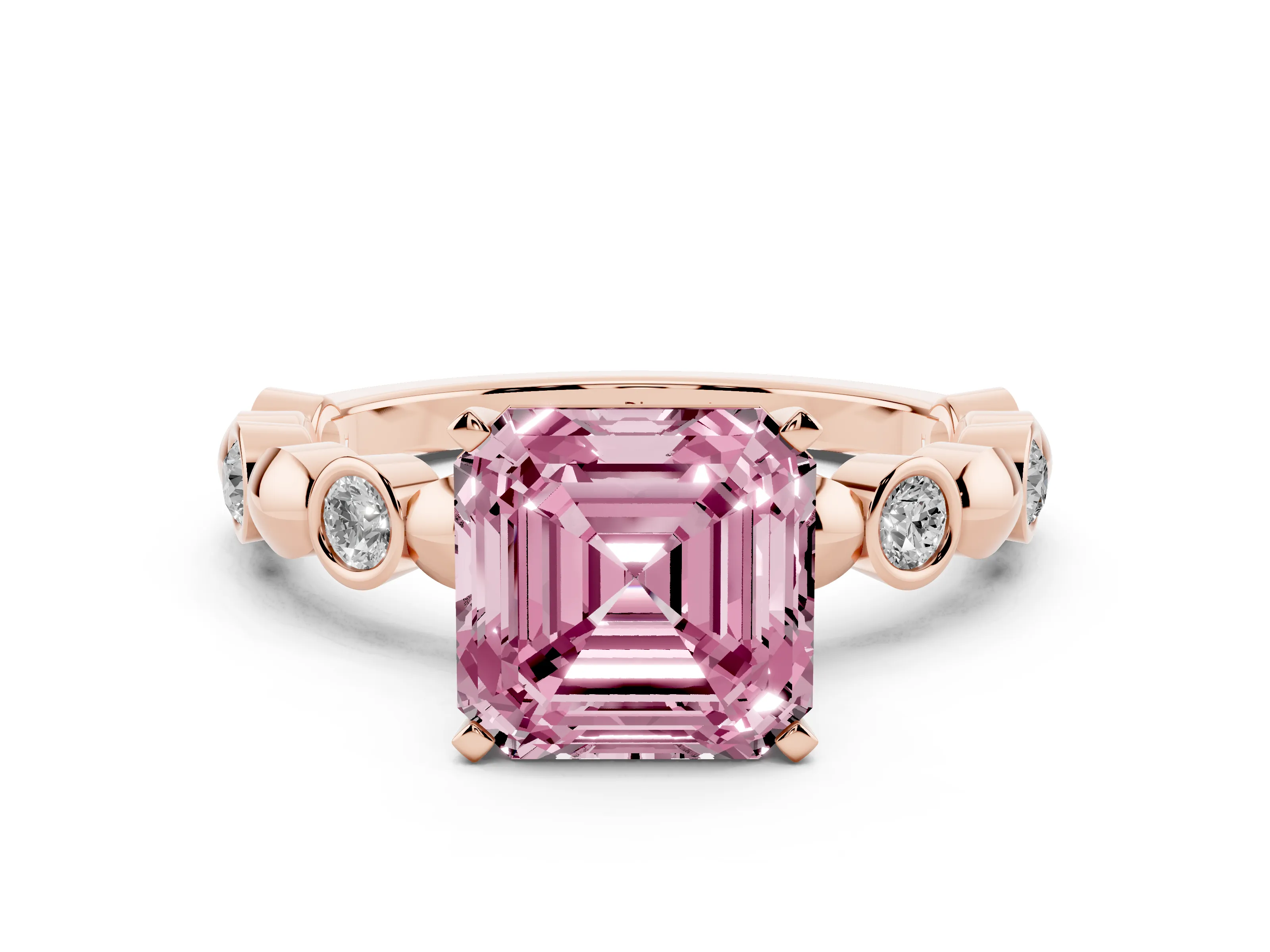 Fancy Pink Asscher Cut Diamond Solitaire Ring Set in Rose gold with Bezel-Set Accents on Beaded Band and Prong Setting