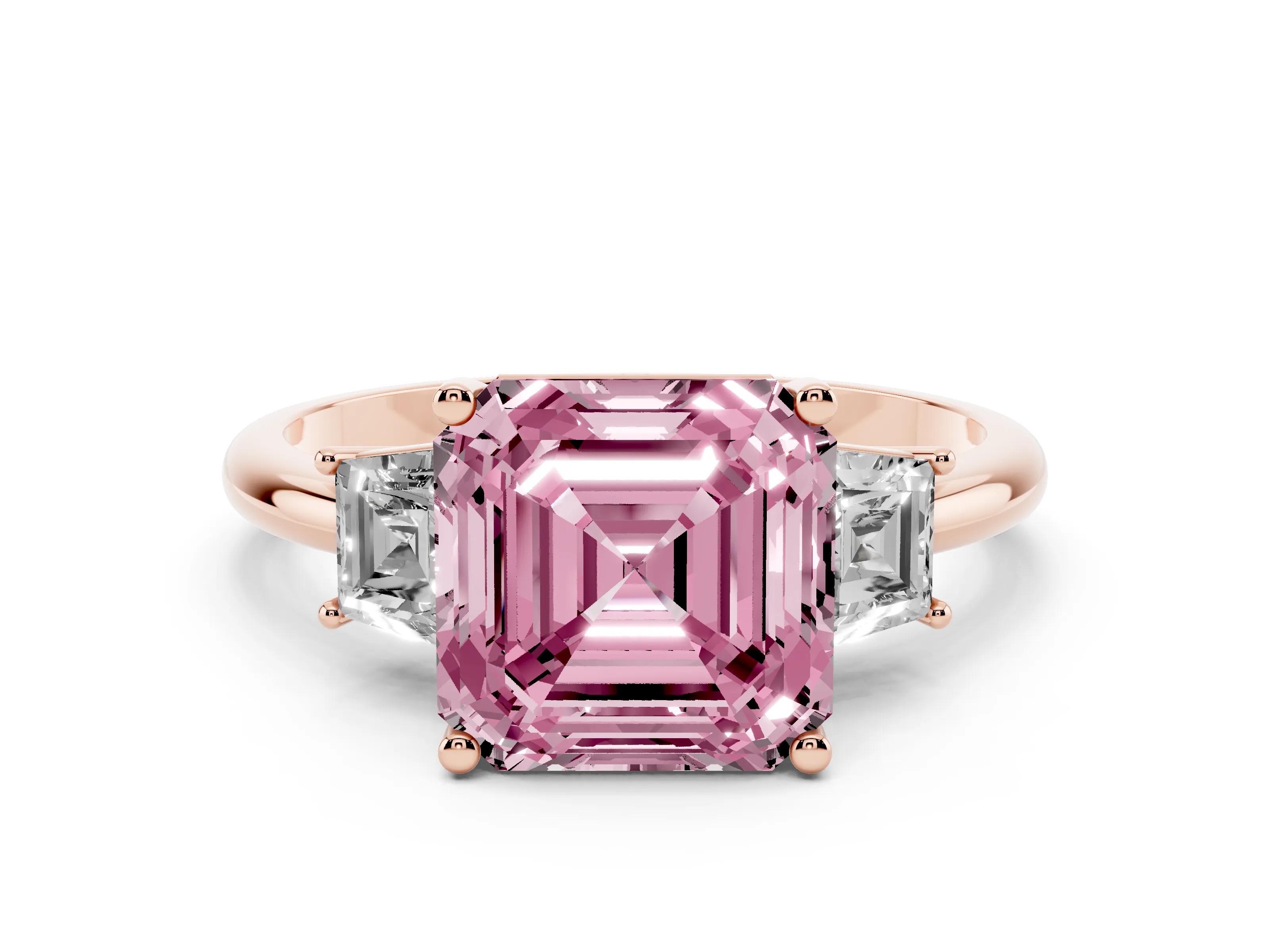 Fancy Pink Asscher Cut Diamond Three-Stone Ring Set in Rose gold with Trapezoid Side Stones and Prong Setting