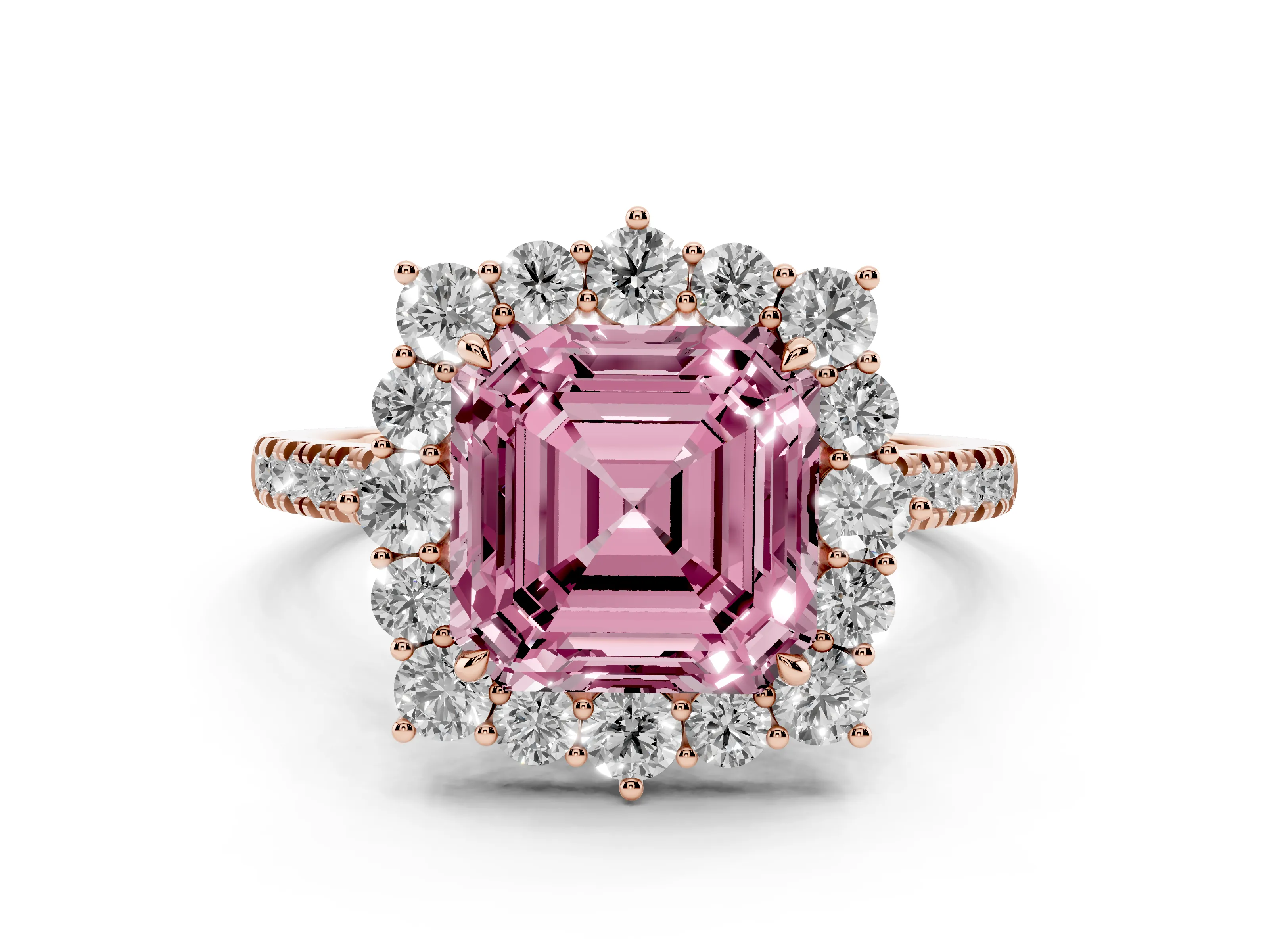 Fancy Pink Asscher Cut Diamond Halo Ring Set in Rose gold with Pavé Band and Prong Setting