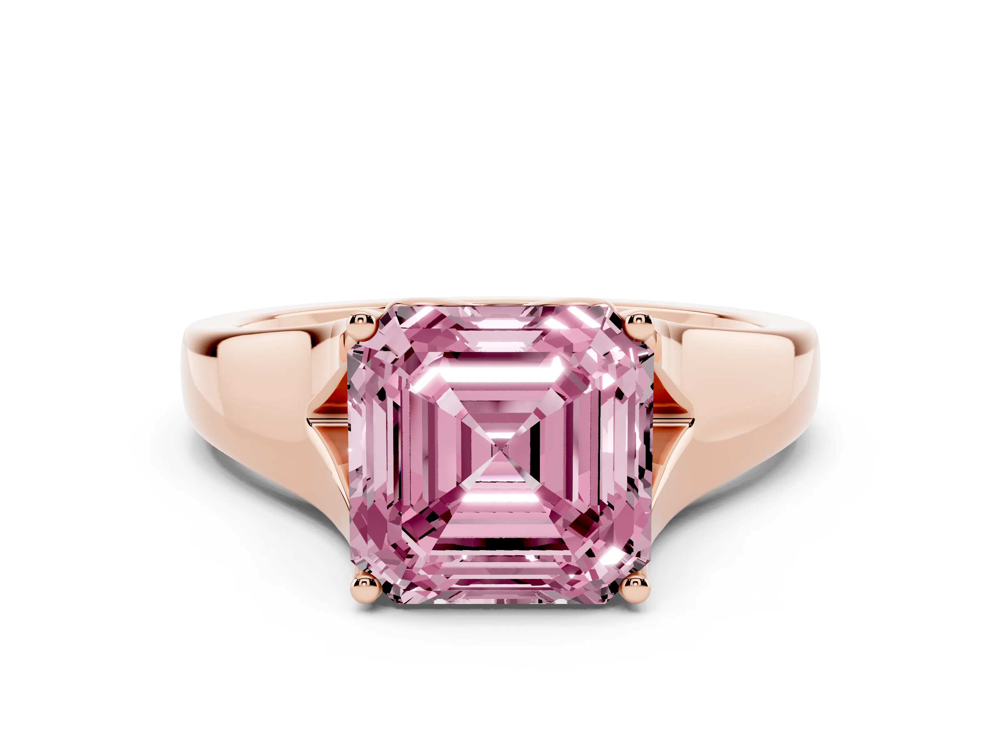 Fancy Pink Asscher Cut Diamond Solitaire Ring Set in Rose gold with Arched Cathedral Band and Prong Setting