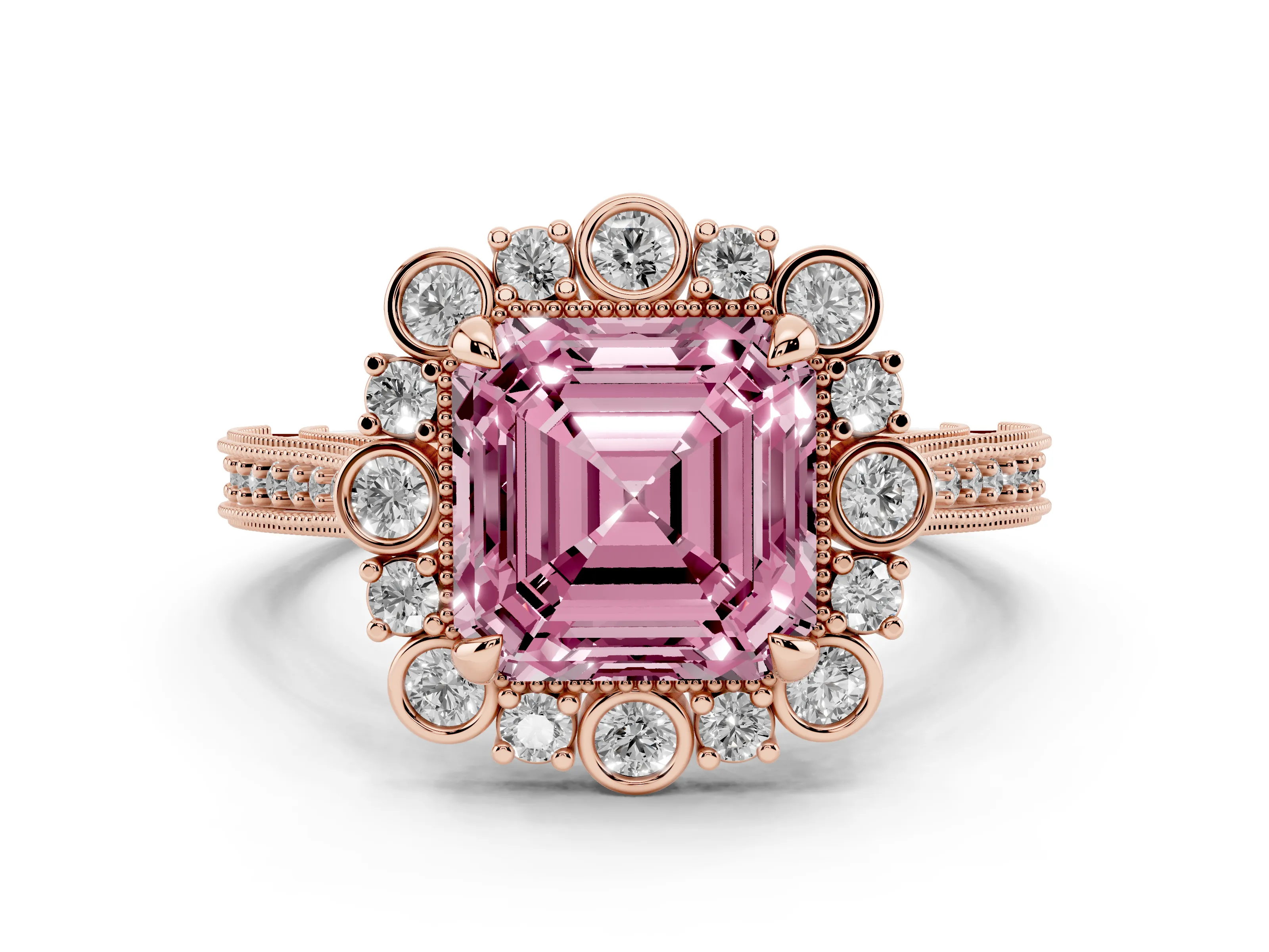 Fancy Pink Asscher Cut Diamond Halo Milgrain Pavé Ring Set in Rose gold with Prong Setting