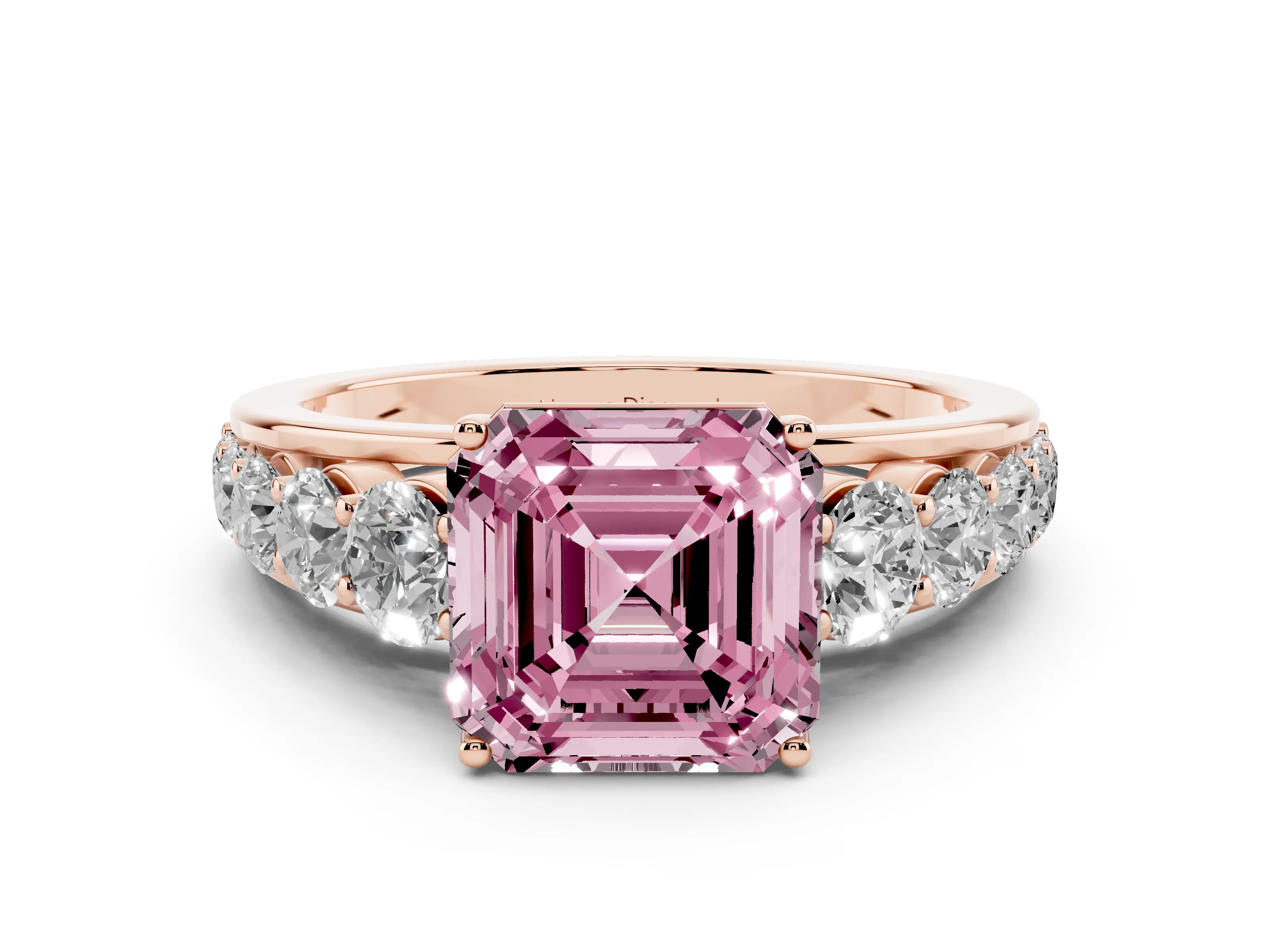 Fancy Pink Asscher Cut Diamond Solitaire Ring Set in Rose gold with Pavé-Set Band and Prong Setting