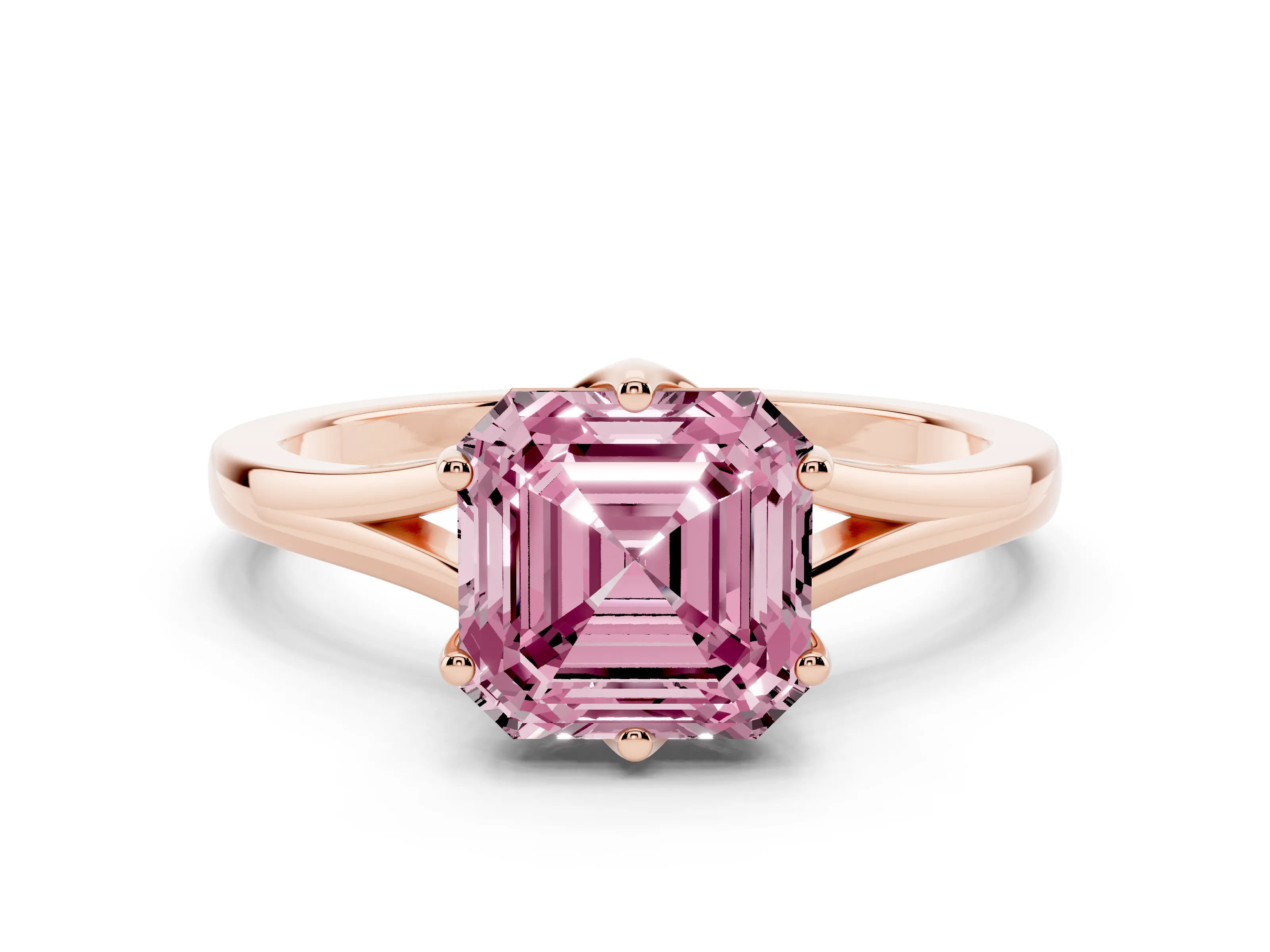 Fancy Pink Asscher Cut Diamond Solitaire Ring Set in Rose gold with Polished Tapered Band and Prong Setting