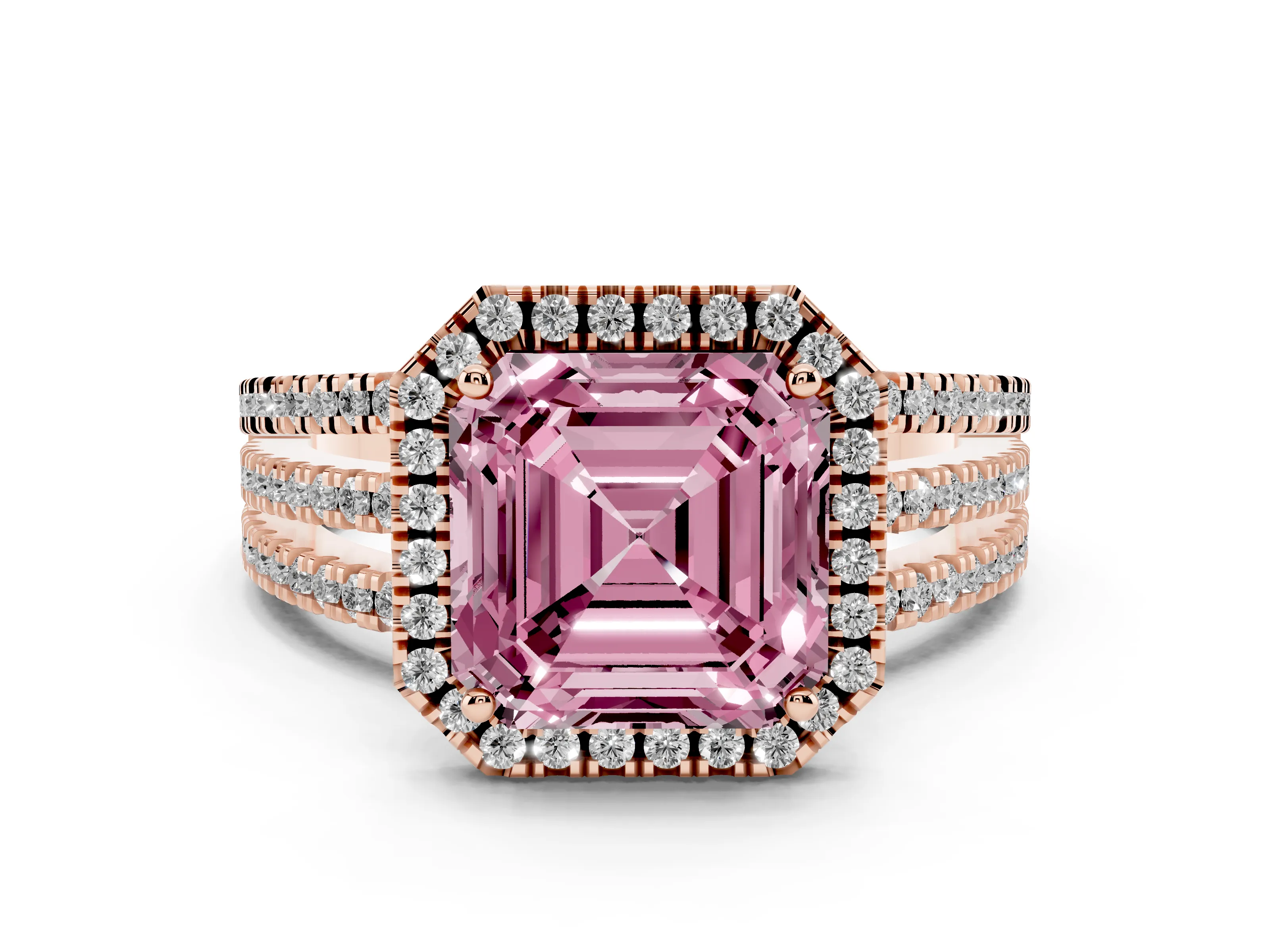 Fancy Pink Asscher Cut Diamond Halo Split Shank Engagement Ring Set in Rose gold with Prong Setting
