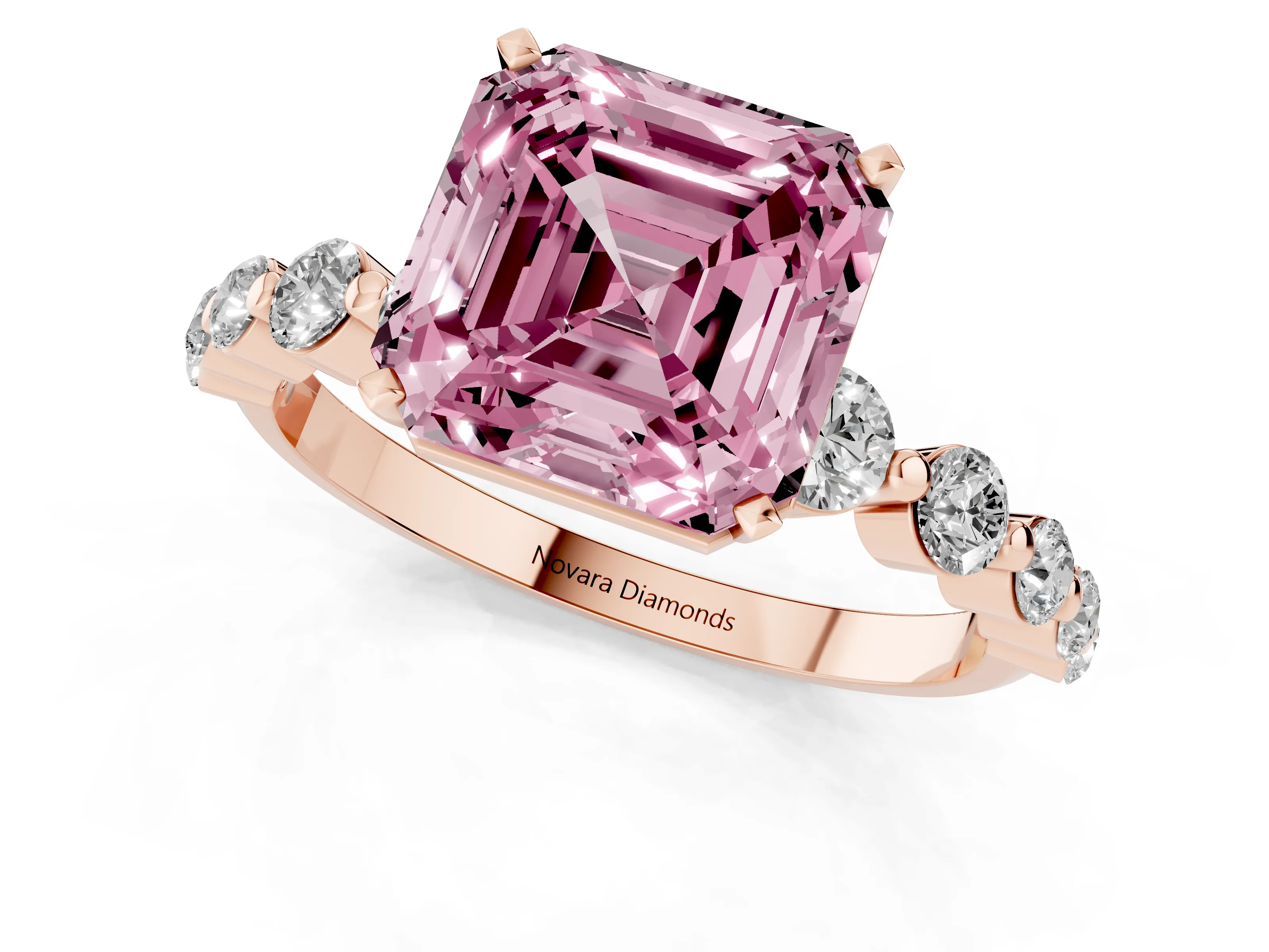 Fancy Pink Asscher Cut Diamond Solitaire Ring Set in Rose gold with Pavé Band and Prong Setting