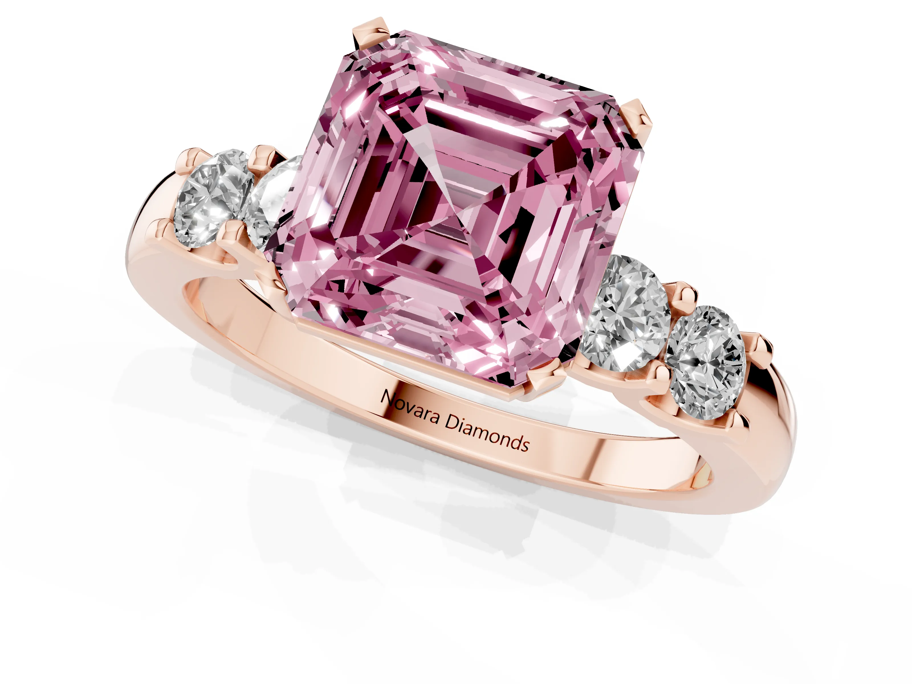 Fancy Pink Asscher Cut Diamond Five-Stone Prong Set Engagement Ring Set in Rose gold with Channel Band