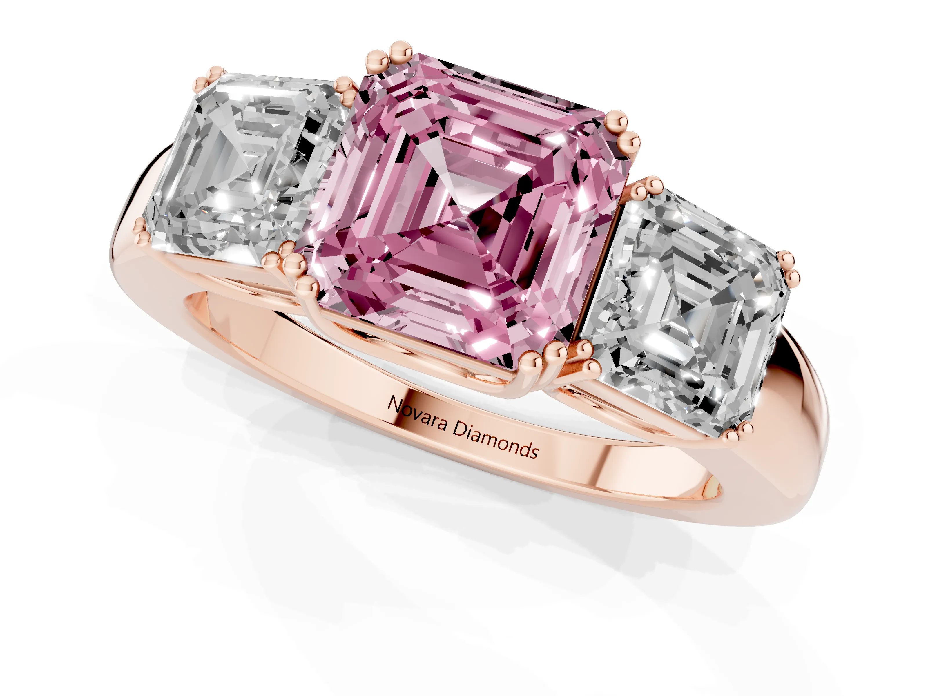 Fancy Pink Asscher Cut Diamond Three-Stone Ring Set in Rose gold with Polished Band and Prong Setting