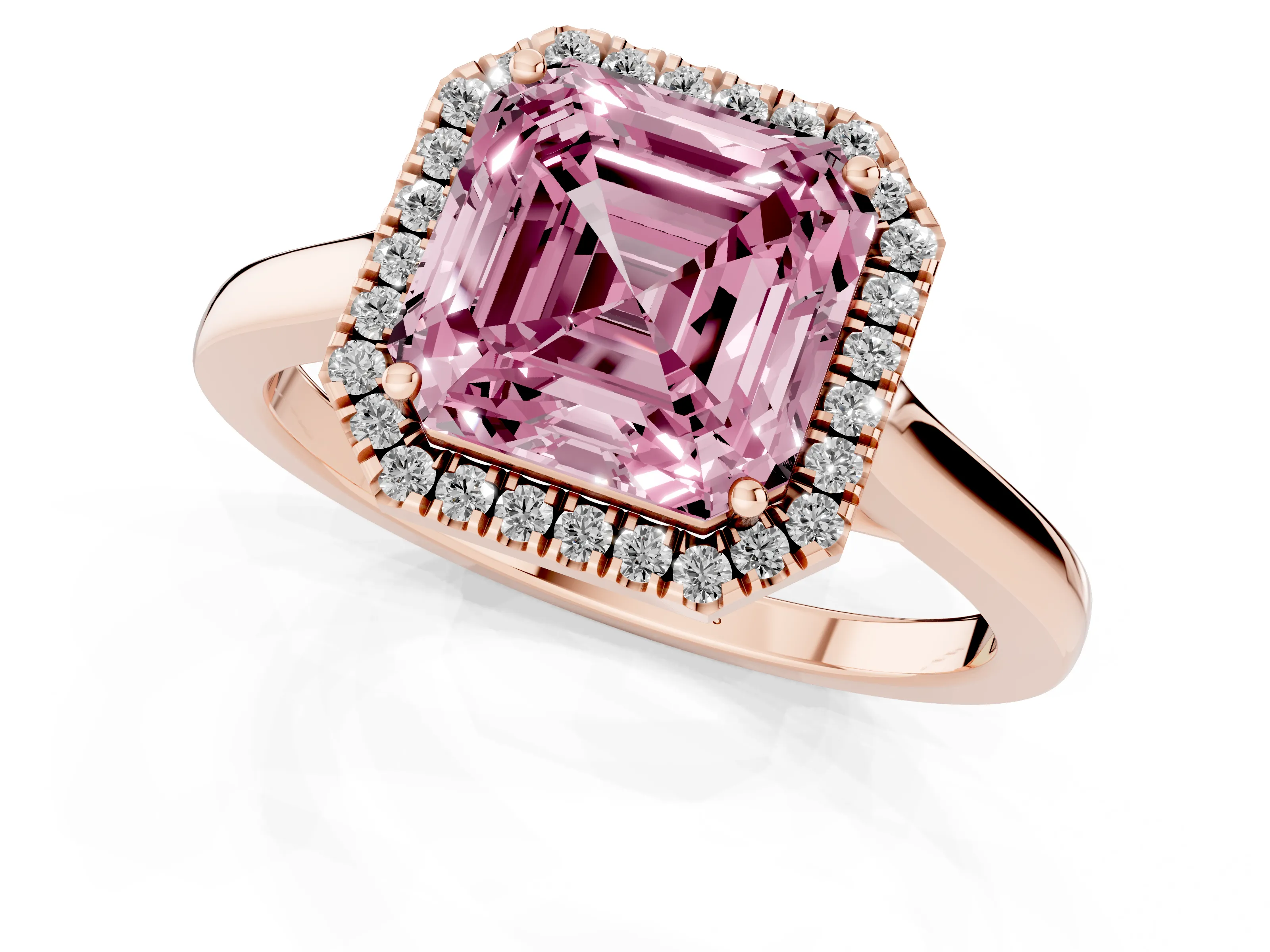 Fancy Pink Asscher Cut Halo Round Diamond Solitaire Ring Set in Rose gold with Pavé Band and Prong Setting