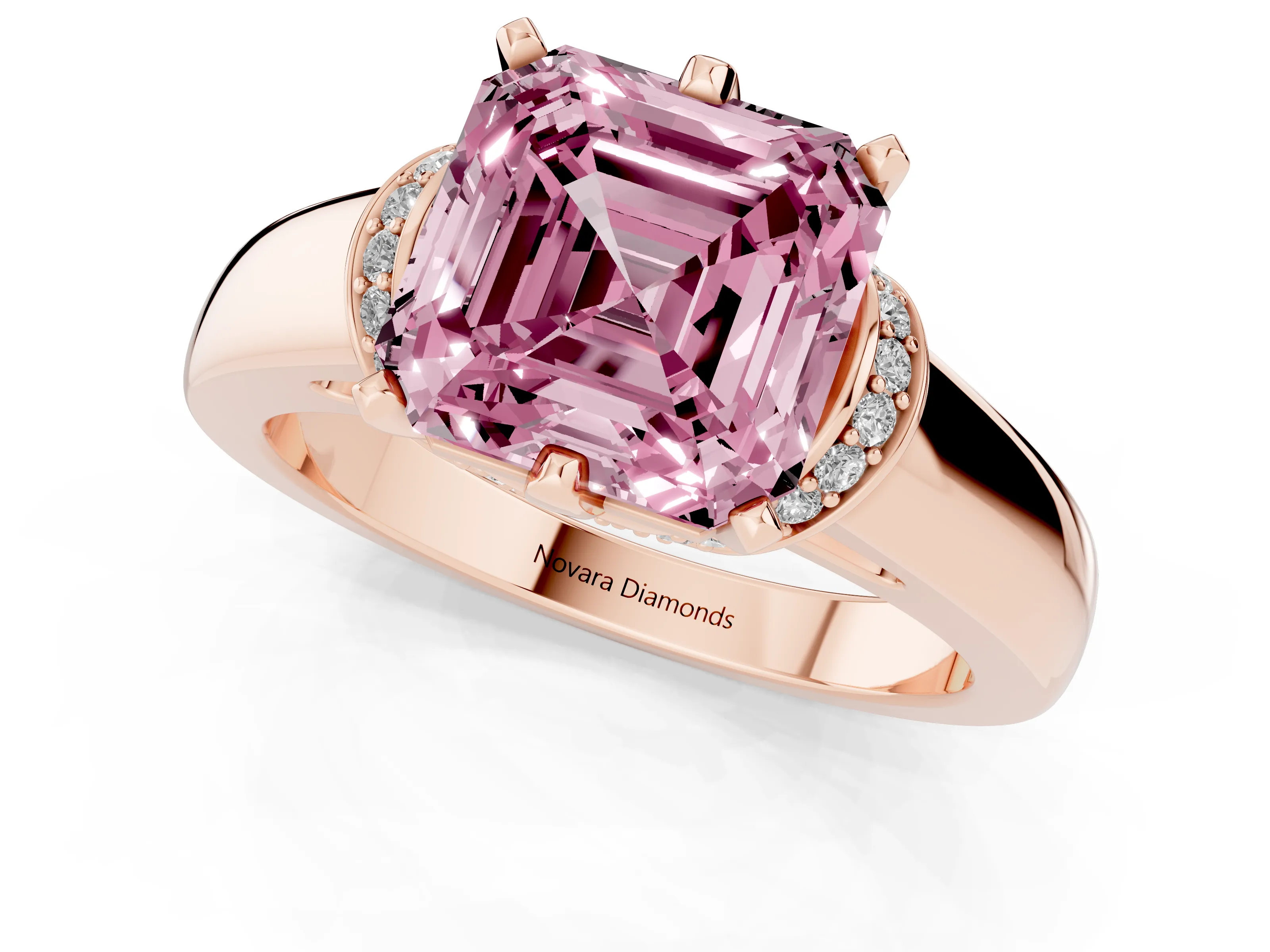 Fancy Pink Asscher Cut Diamond Pavé Band Solitaire Ring Set in Rose gold with Prong Setting