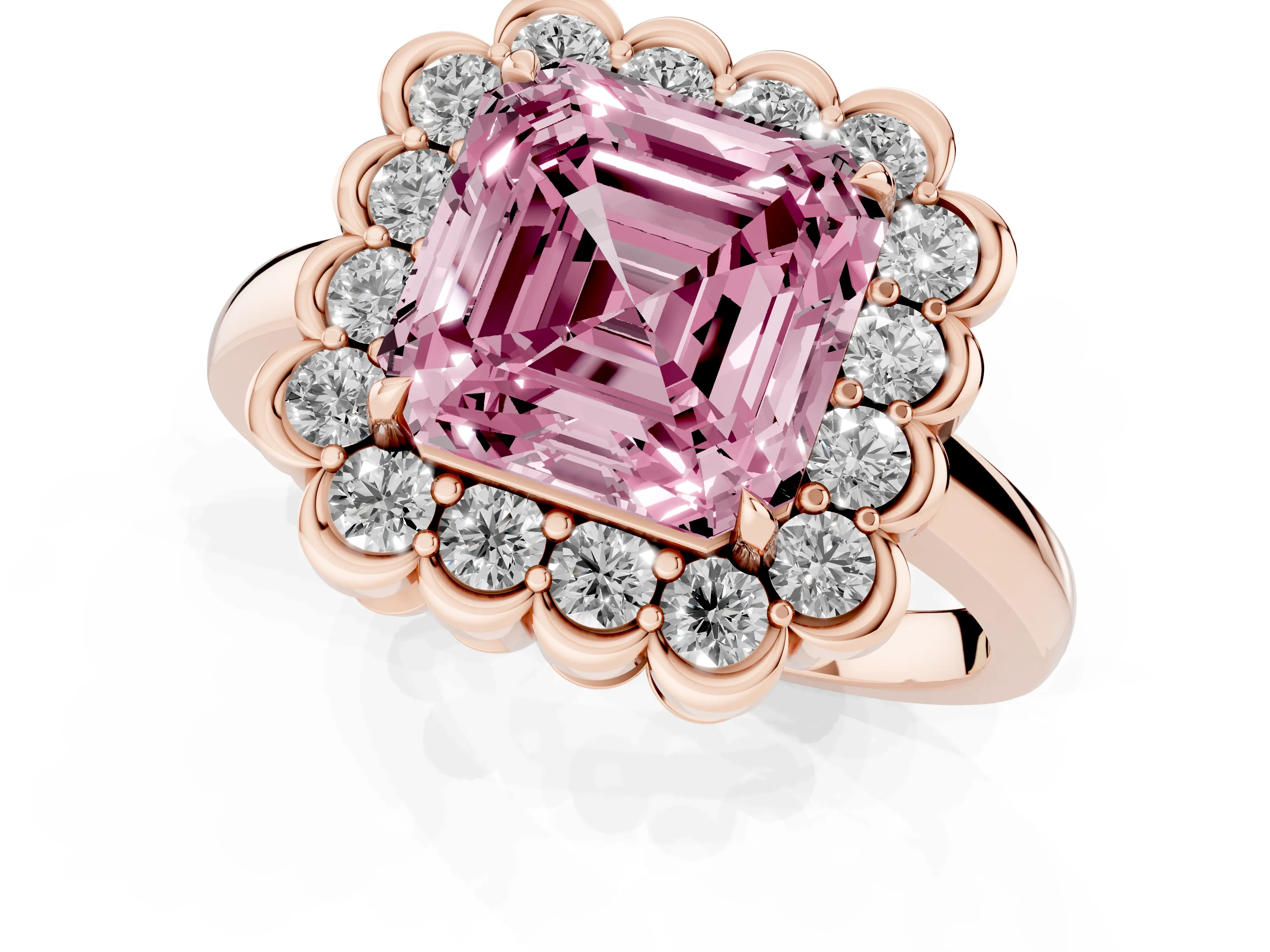 Fancy Pink Asscher Cut Diamond Halo Cluster Engagement Ring Set in Rose gold with Solitaire Band and Prong Setting