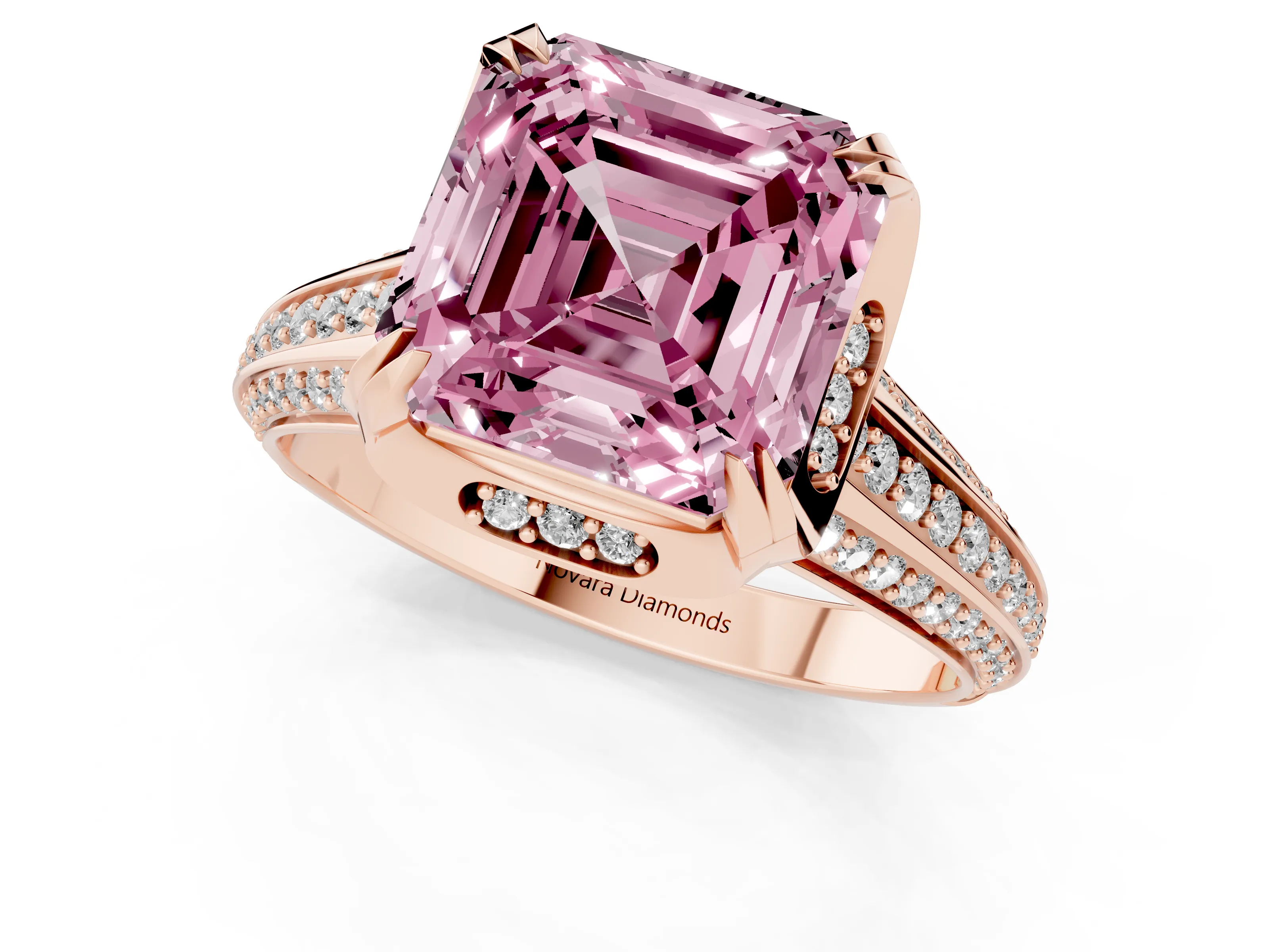 Fancy Pink Asscher Cut Diamond Pavé Split Shank Solitaire Ring Set in Rose gold with Prong Setting