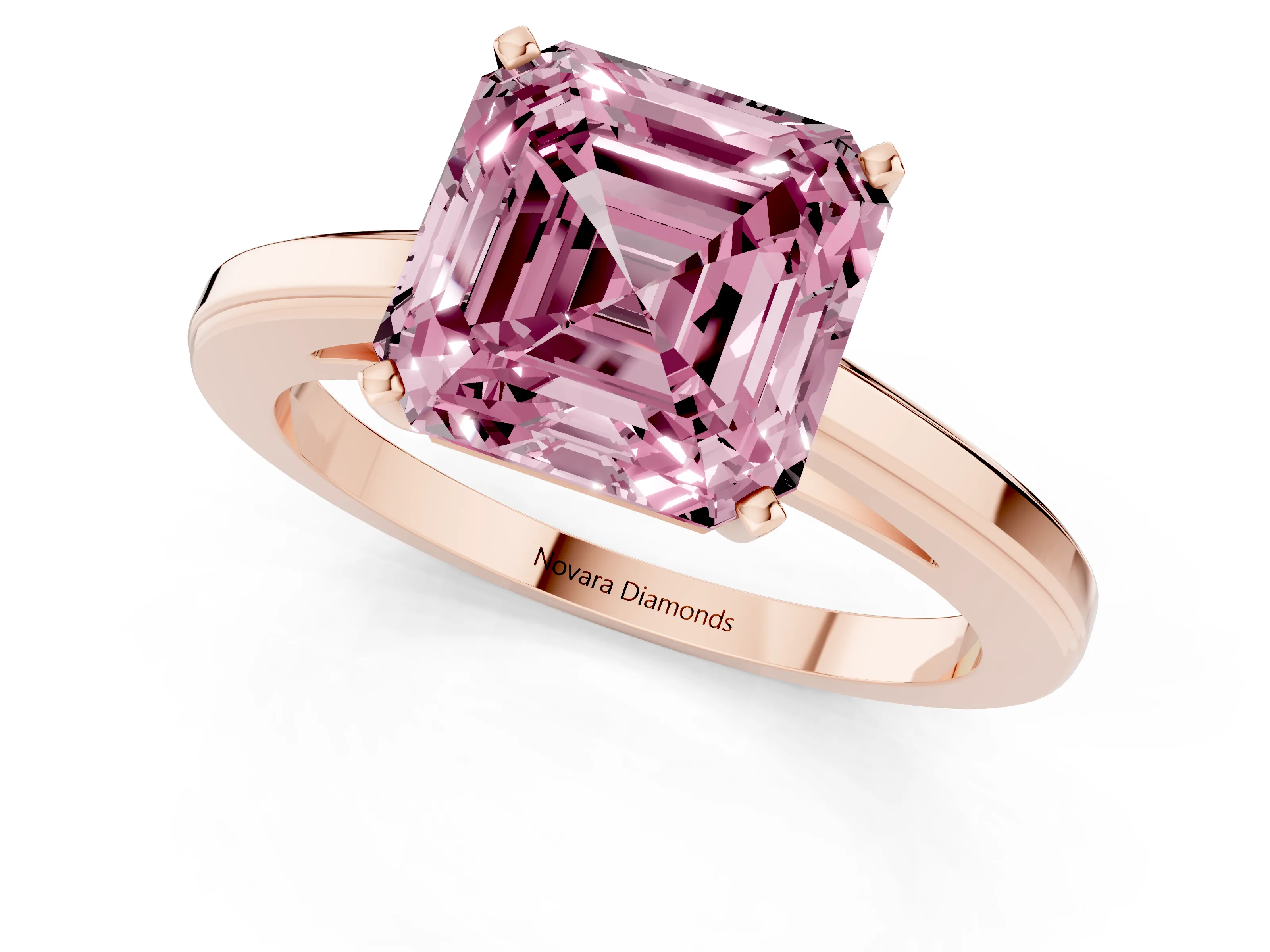 Fancy Pink Asscher Cut Diamond Solitaire Ring Set in Rose gold with Prong Setting and Classic Band