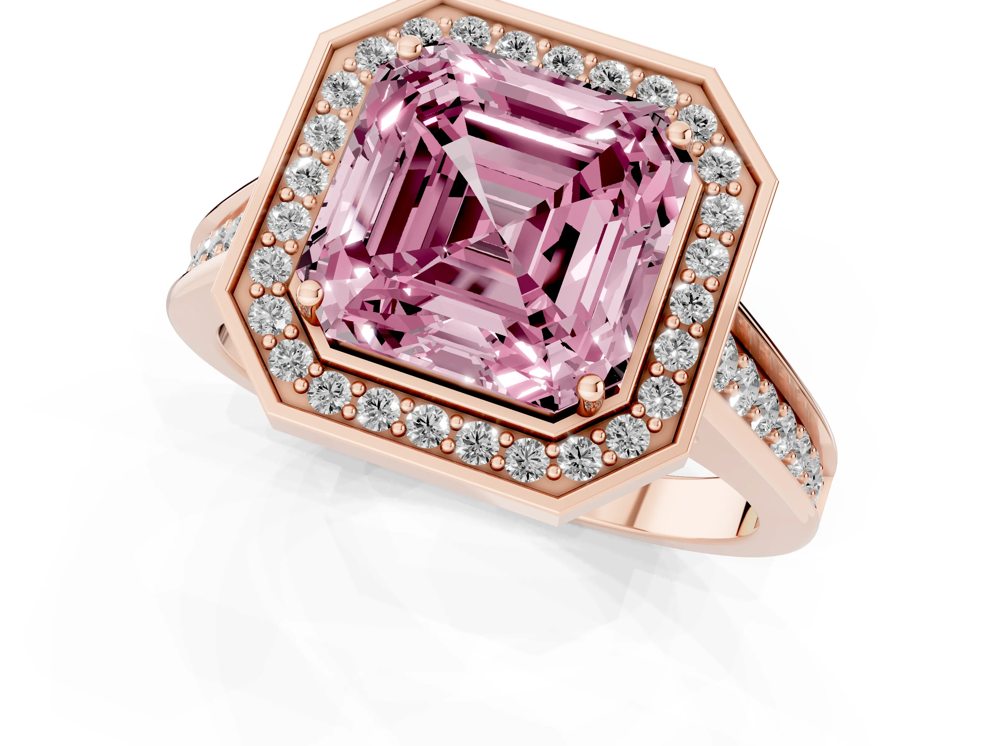 Fancy Pink Asscher Cut Diamond Halo Solitaire Ring Set in Rose gold with Pavé Band and Bezel Setting