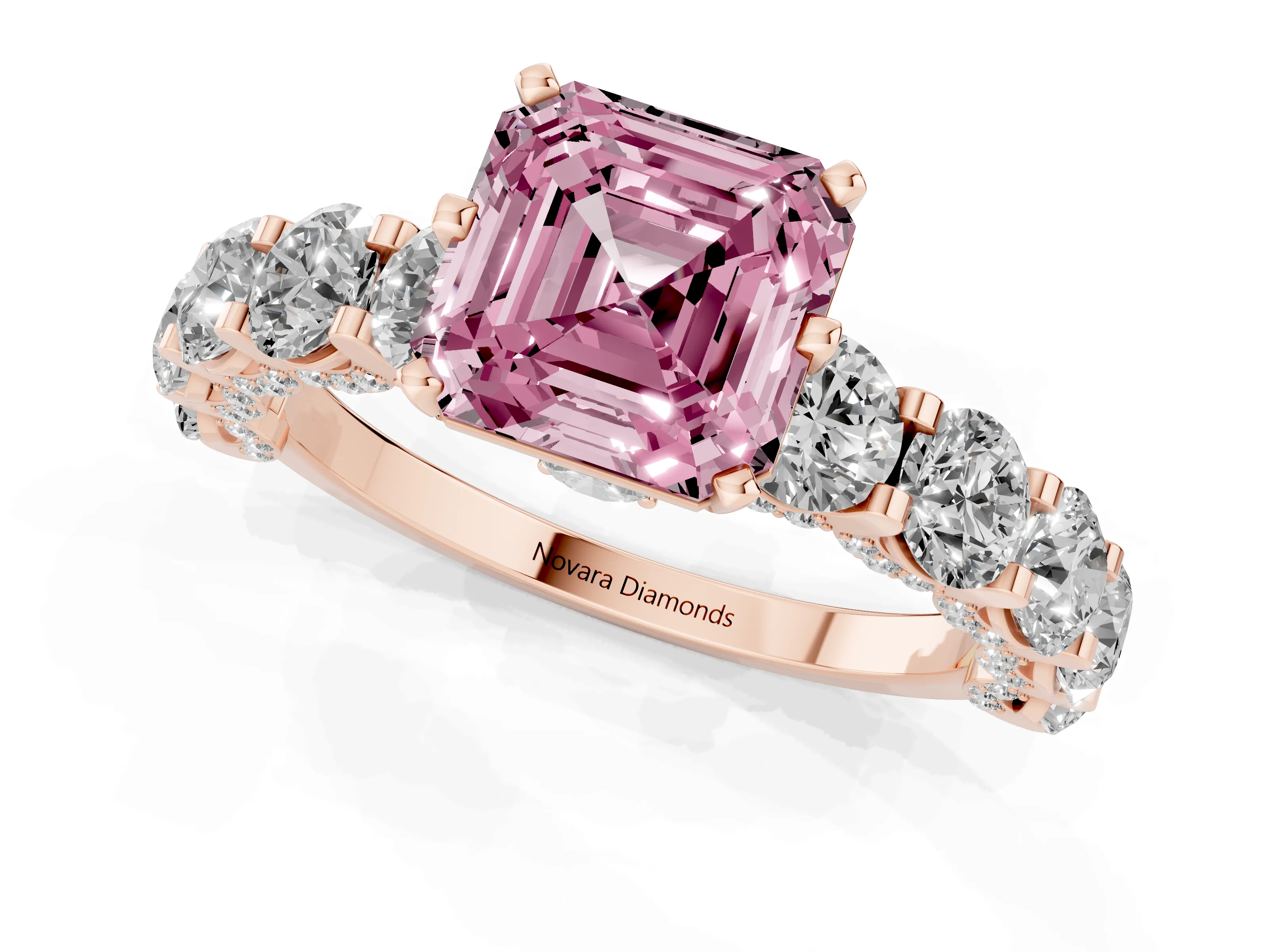 Fancy Pink Asscher Cut Diamond Side Stone Ring Set in Rose gold with Alternating Round and Oval Side Stones