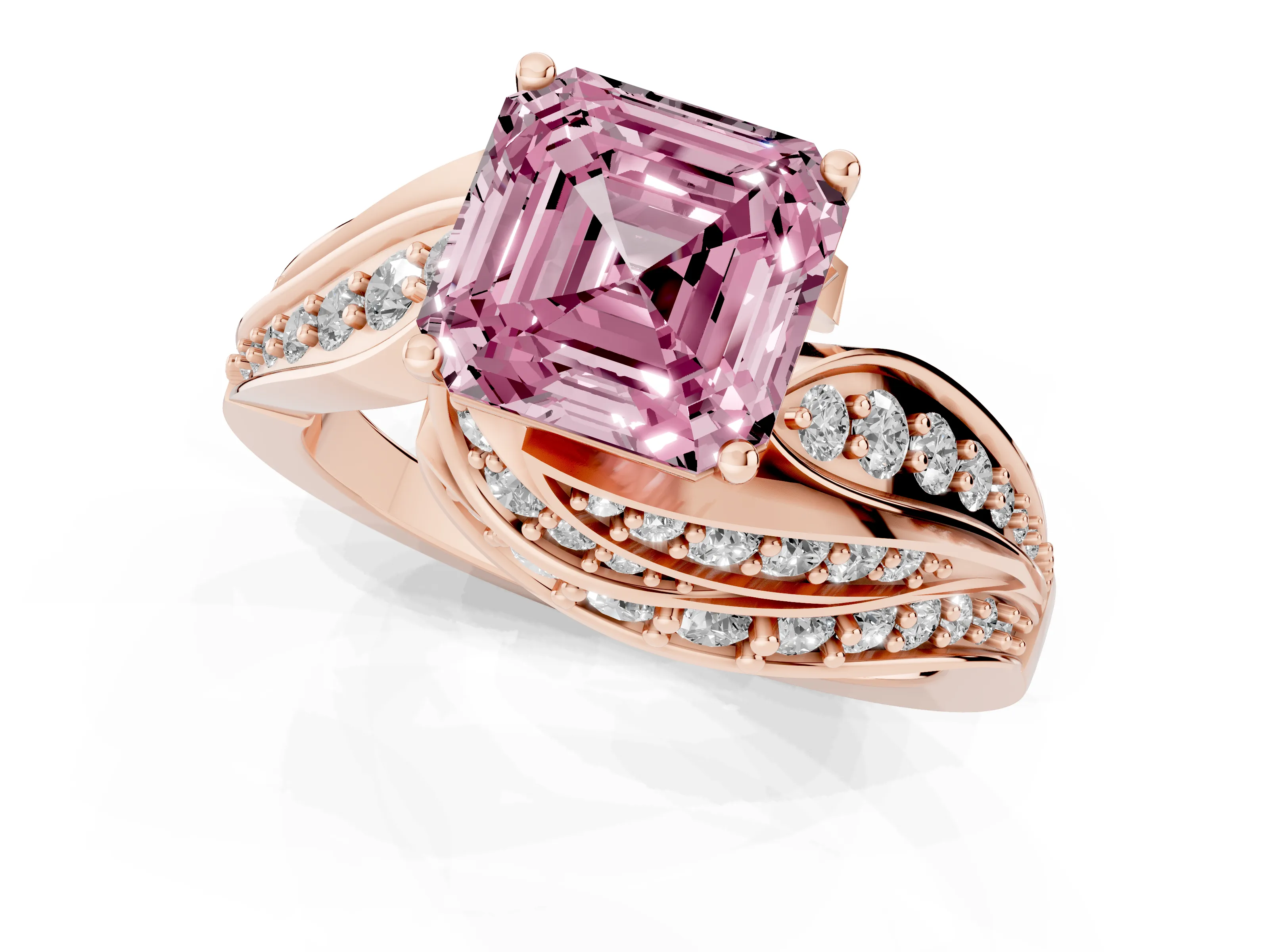 Fancy Pink Asscher Cut Diamond Solitaire Ring Set in Rose gold with Layered Twist Pavé Band