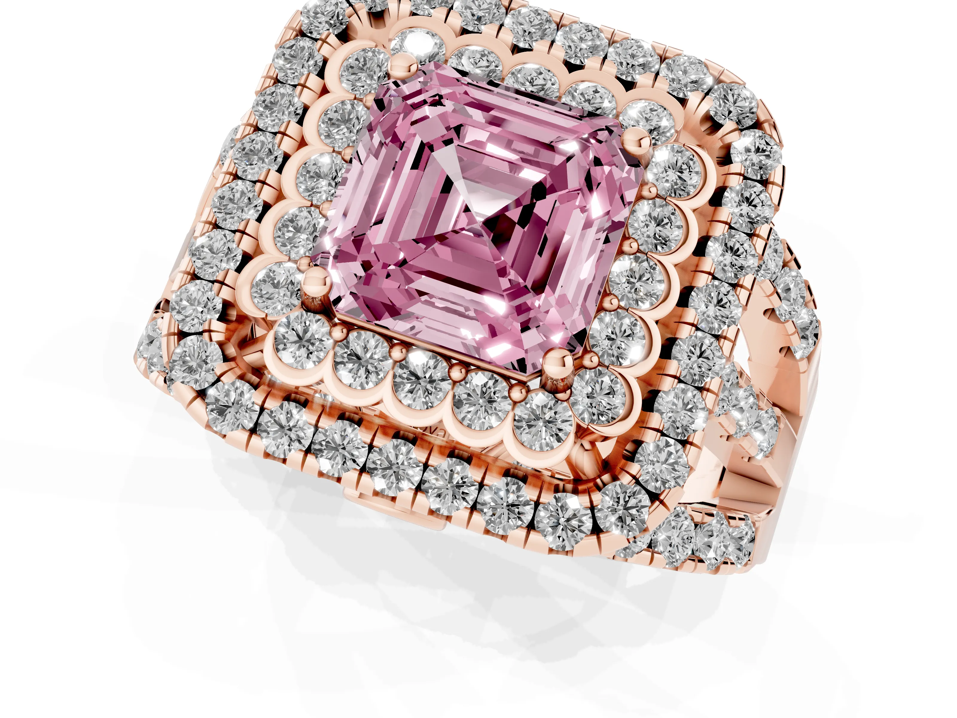 Fancy Pink Asscher Cut Diamond Double Halo Ring Set in Rose gold with Round Pavé Split Shank