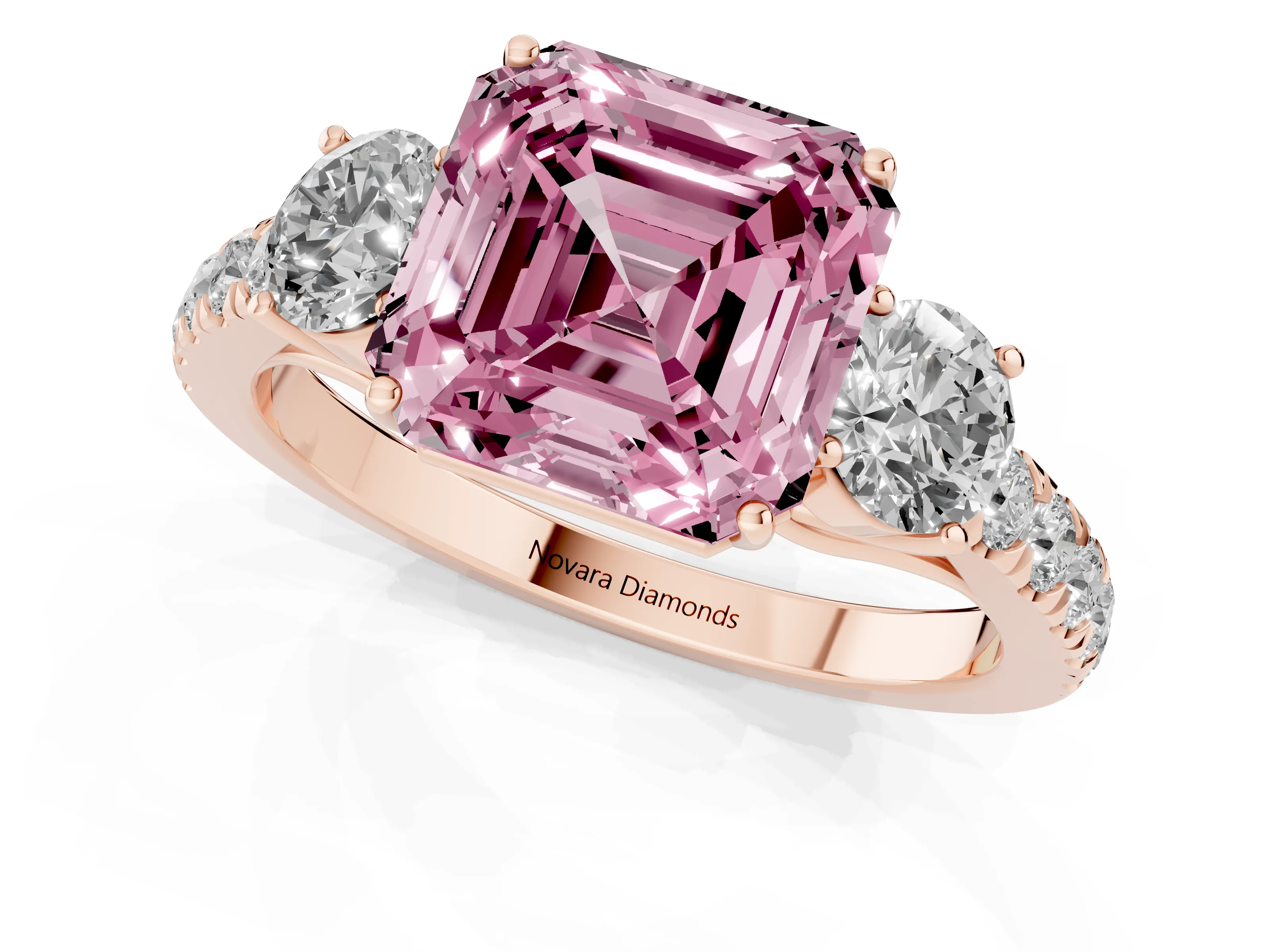 Fancy Pink Asscher Cut Diamond Three-Stone Ring Set in Rose gold with Round Side Stones and Delicate Pavé Band