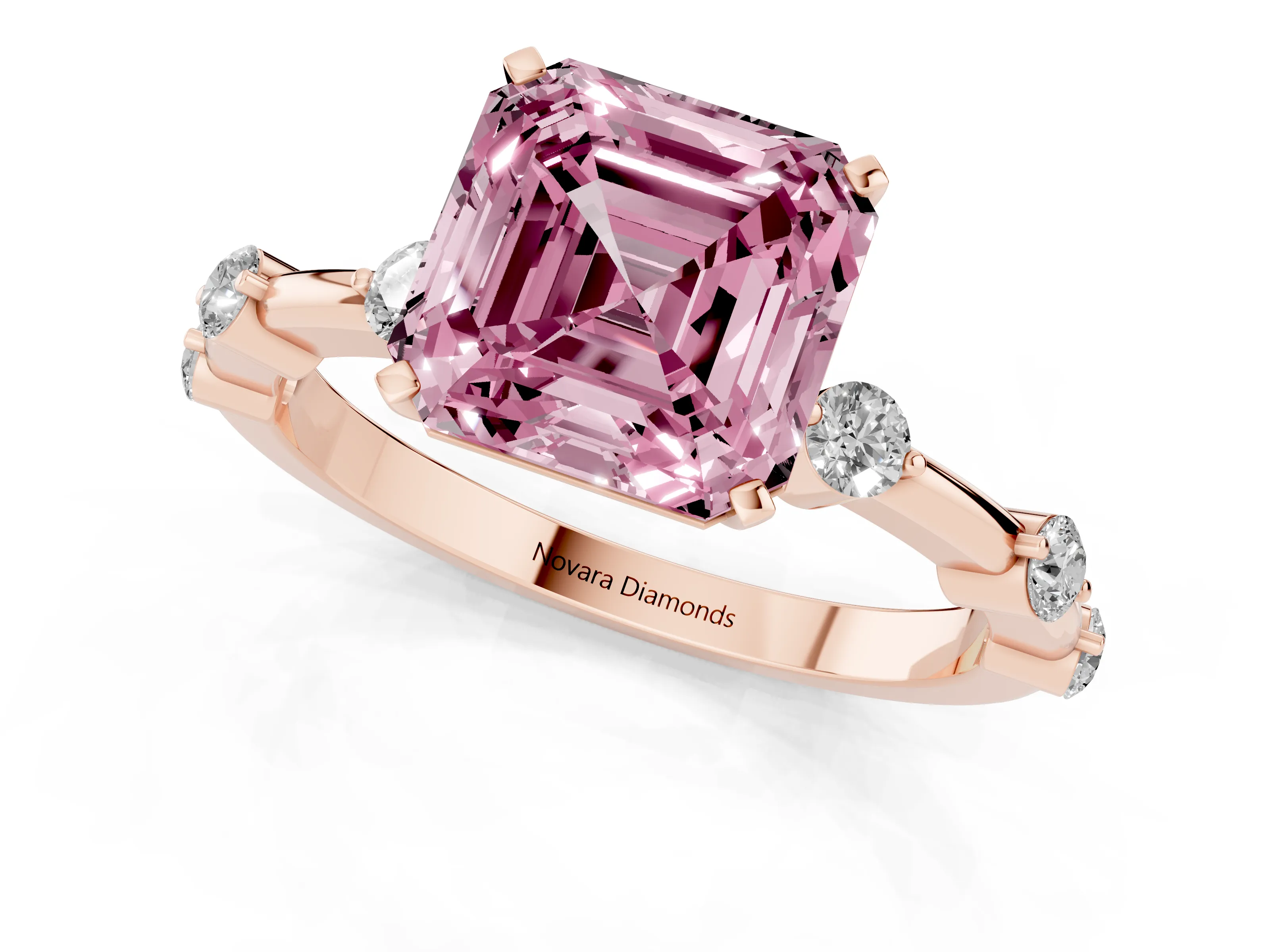 Fancy Pink Asscher Cut Diamond Solitaire Ring Set in Rose gold with Bezel Set Side Stones and Prong Setting