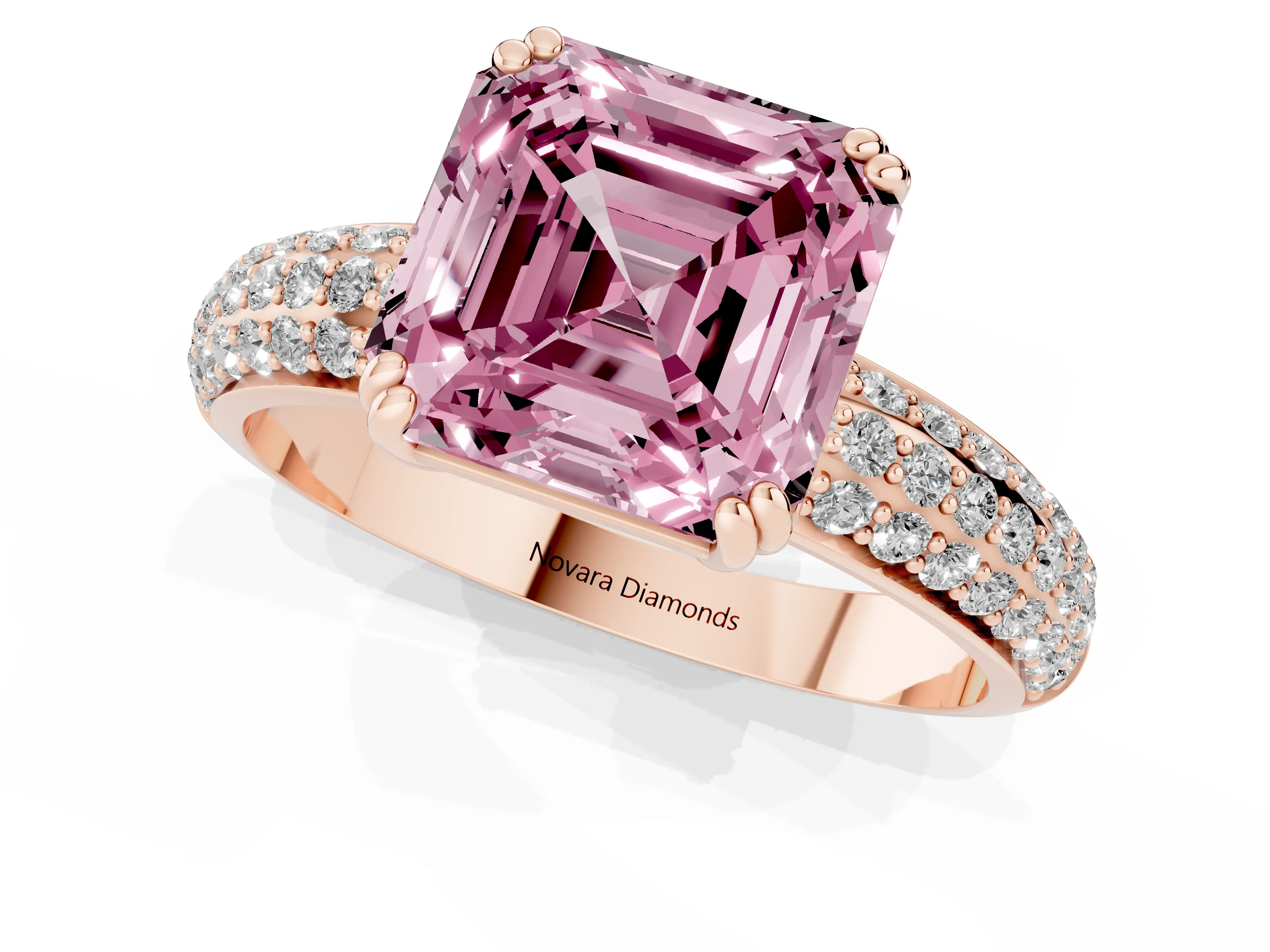 Fancy Pink Asscher Cut Diamond Solitaire Ring Set in Rose gold with Multi-Row Round Pavé Band and Prong Setting