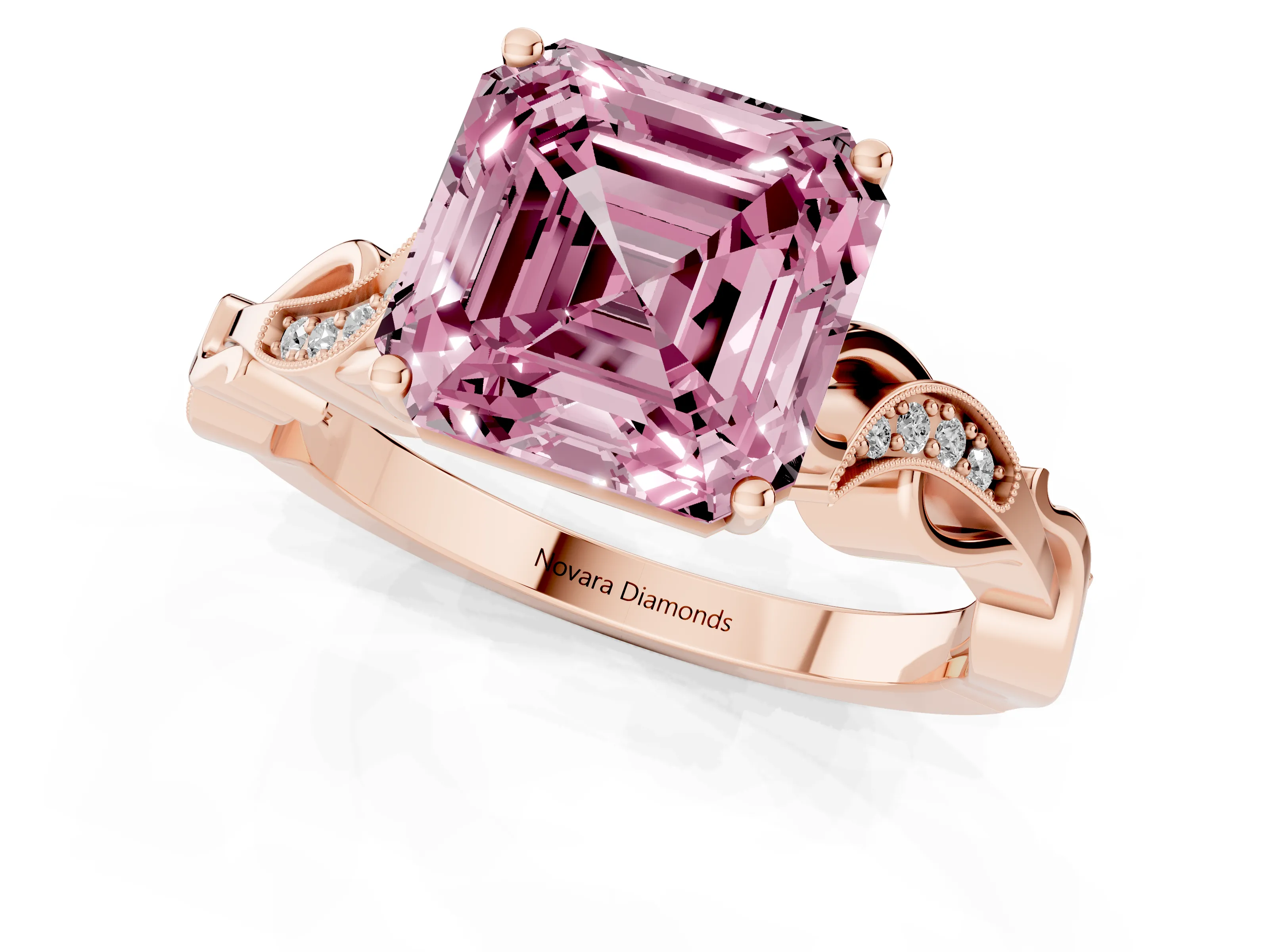 Fancy Pink Asscher Cut Diamond Vine Band Solitaire Ring Set in Rose gold with Milgrain Prong Setting