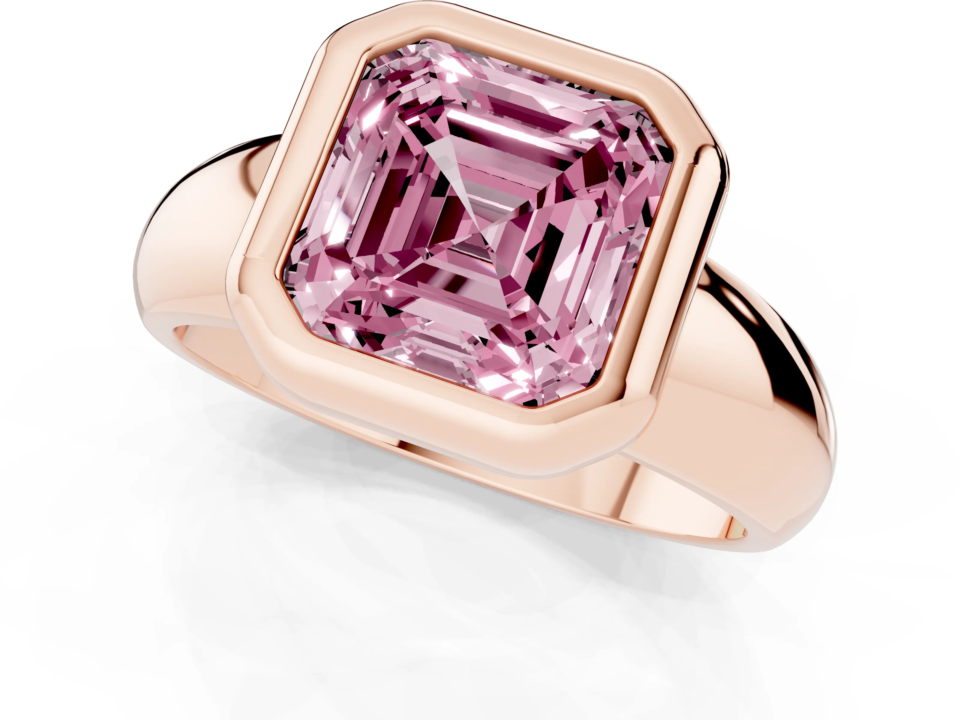Fancy Pink Bezel Set Asscher Cut Diamond Solitaire Ring Set in Rose gold with Wide Band