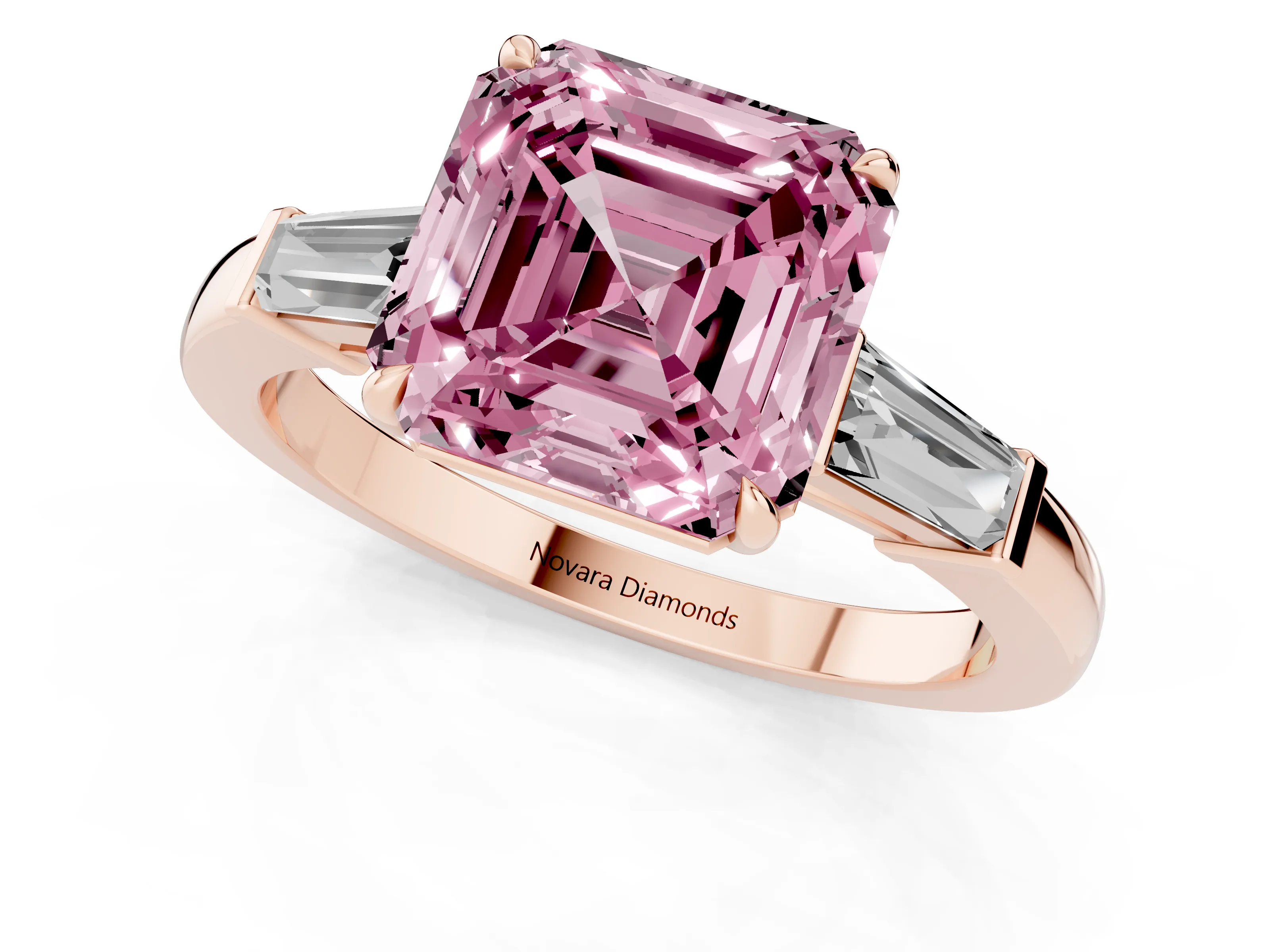 Fancy Pink Asscher Cut Diamond Three-Stone Ring Set in Rose gold with Tapered Baguette Side Stones and Prong Setting