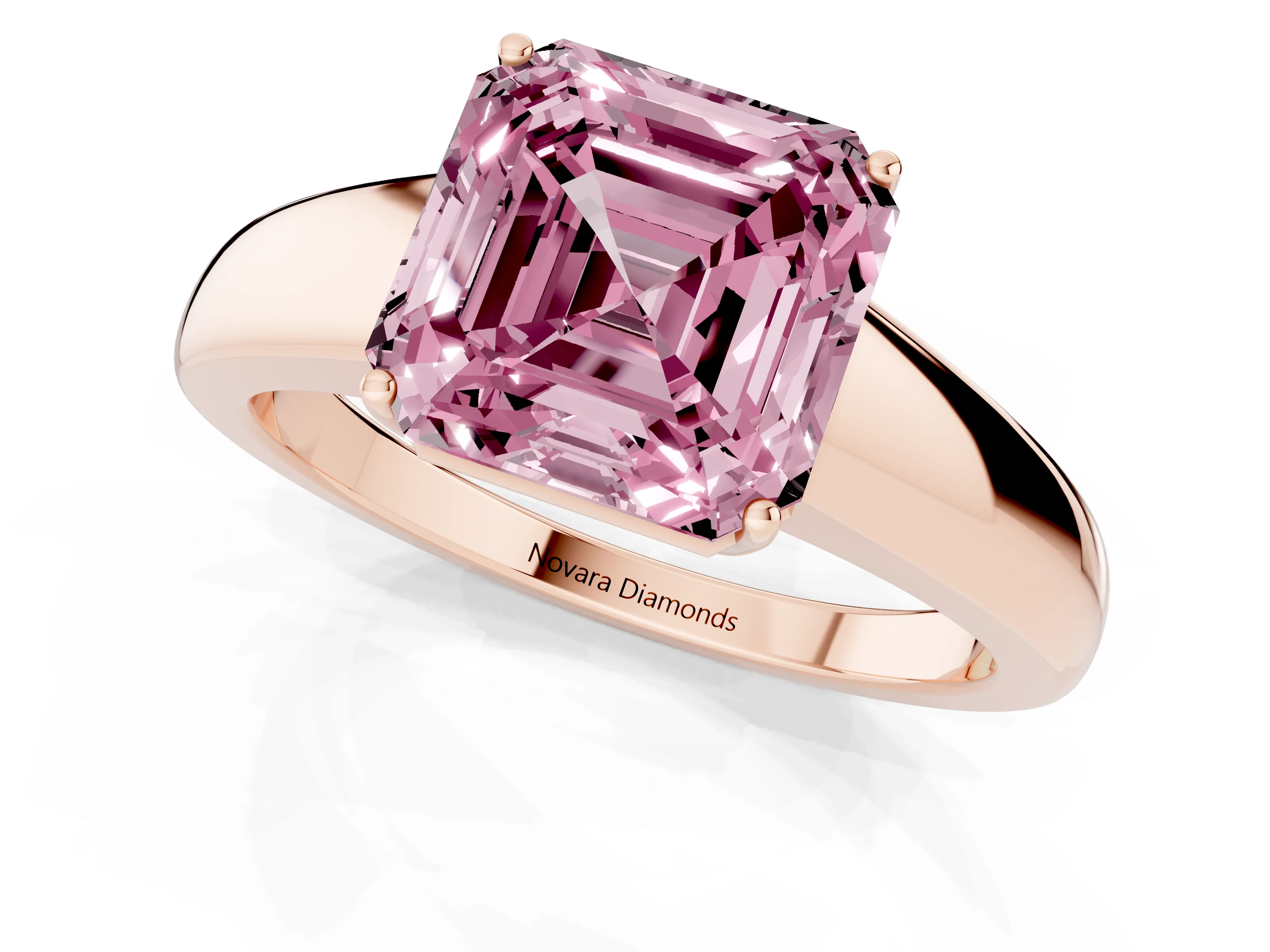 Fancy Pink Asscher Cut Diamond Solitaire Ring Set in Rose gold with Tapered Band and Prong Setting