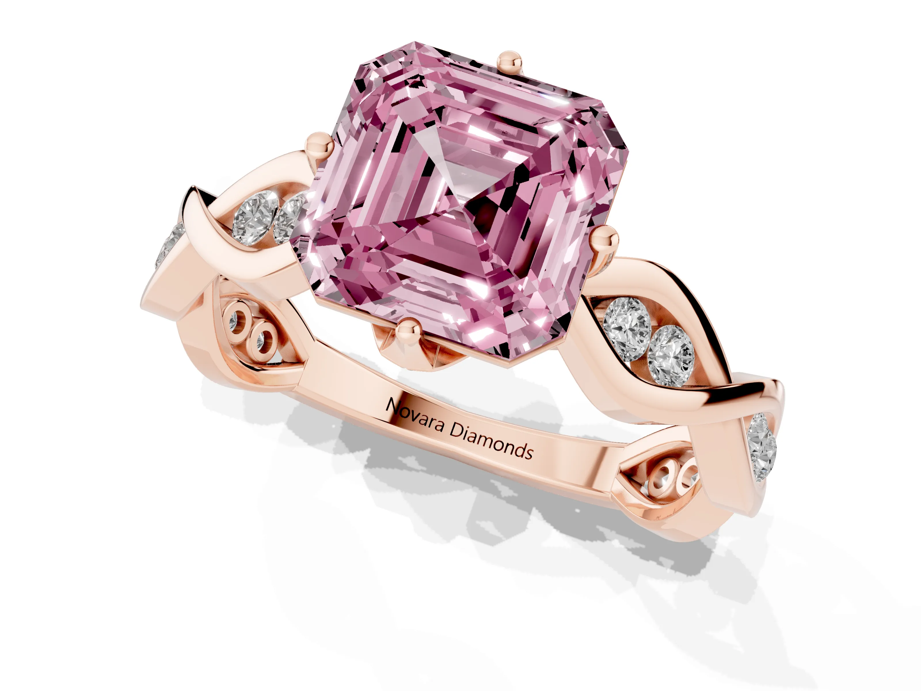 Fancy Pink Asscher Cut Diamond Twist Band Solitaire Ring Set in Rose gold with Leaf Prong Setting and Accent Stones