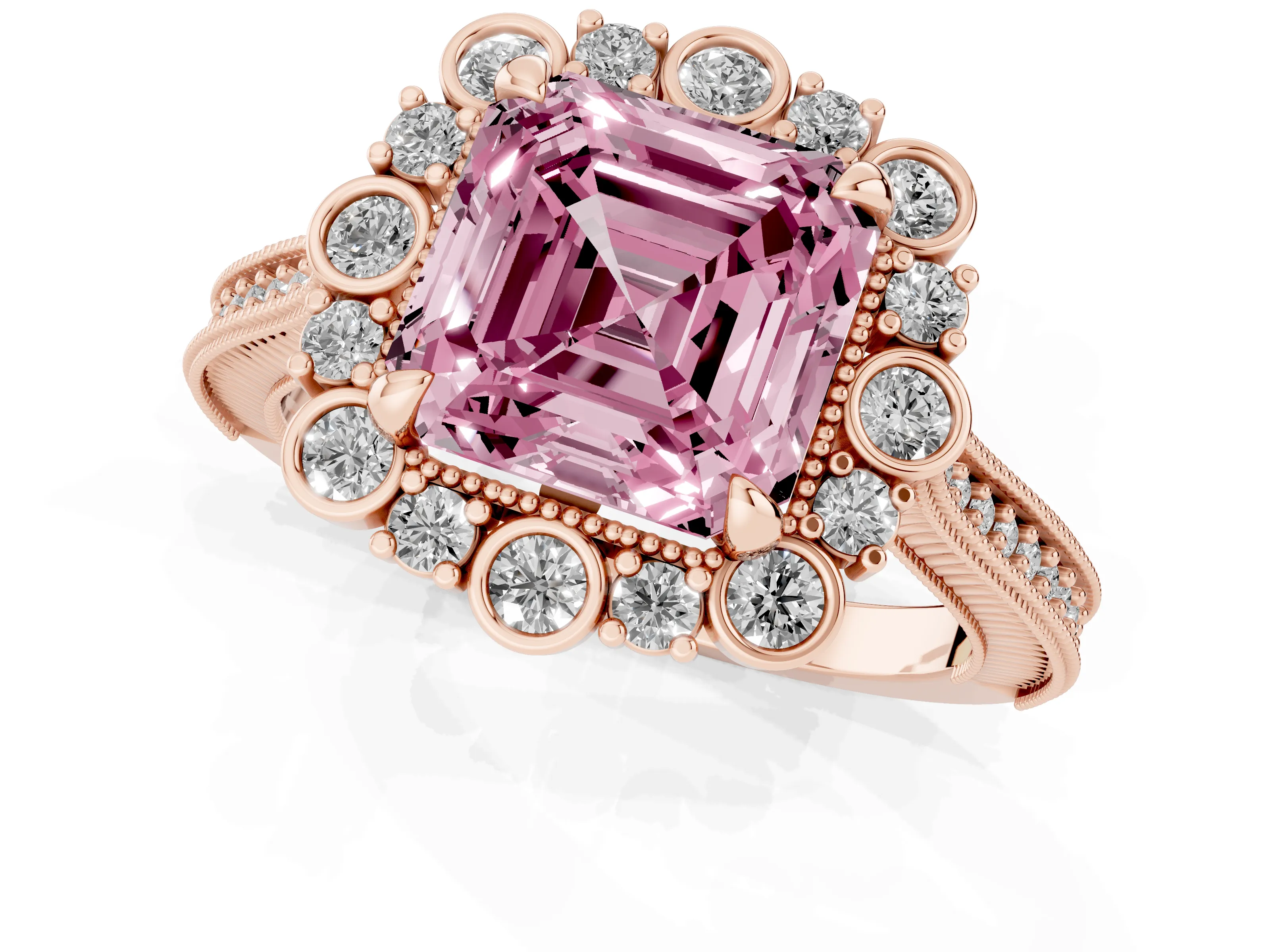 Fancy Pink Asscher Cut Diamond Halo Milgrain Pavé Ring Set in Rose gold with Prong Setting
