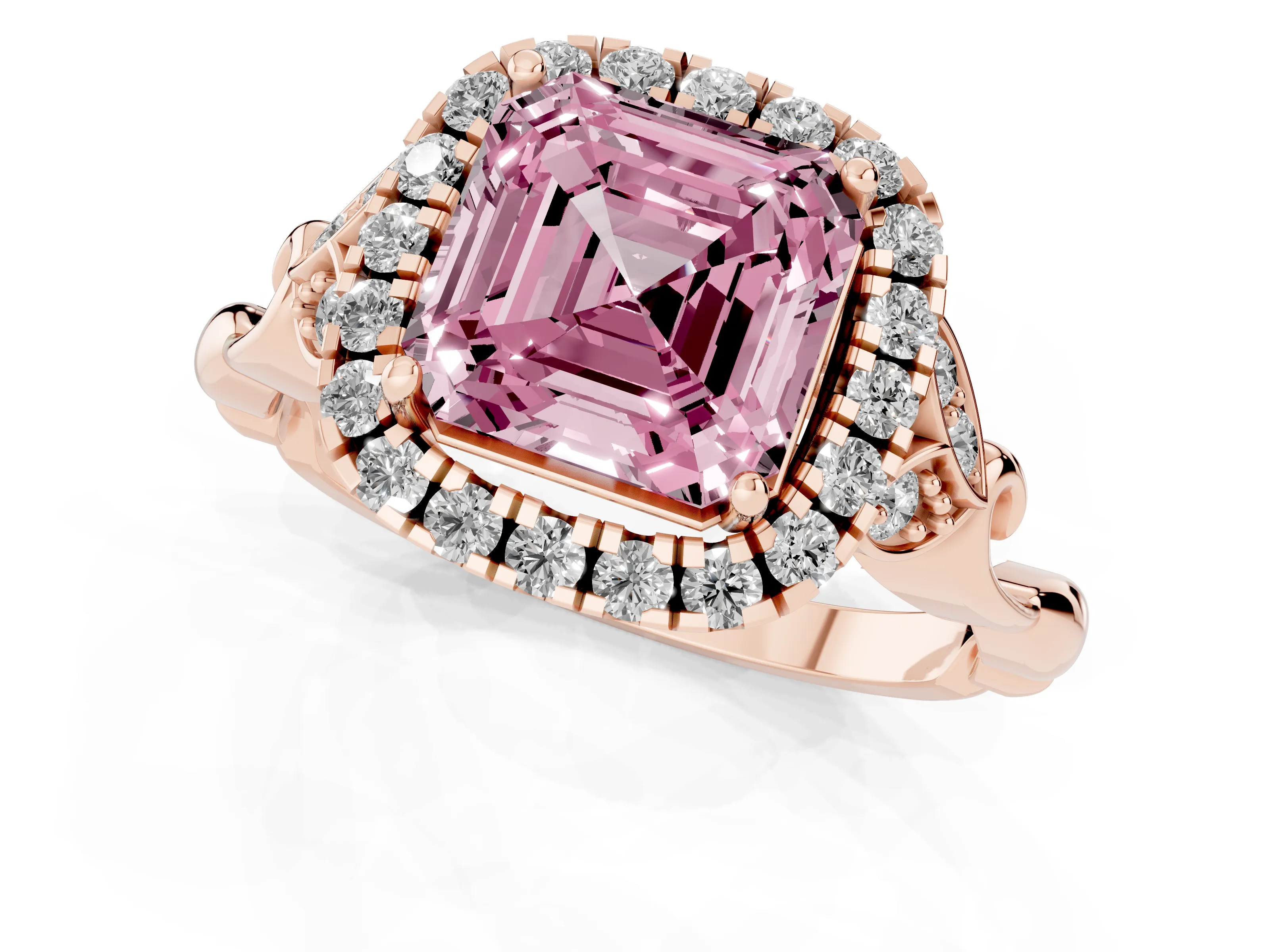 Fancy Pink Asscher Cut Diamond Halo Engagement Ring Set in Rose gold with Vintage-Inspired Band and Prong Setting