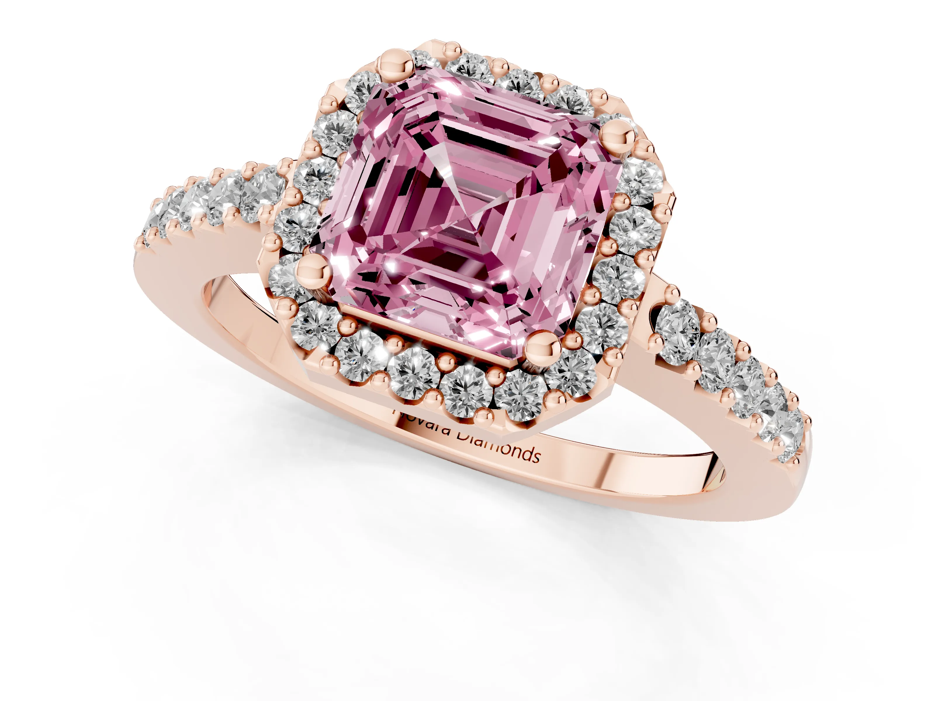 Fancy Pink Asscher Cut Diamond Halo Pavé Solitaire Ring Set in Rose gold with Prong-Set Center Stone