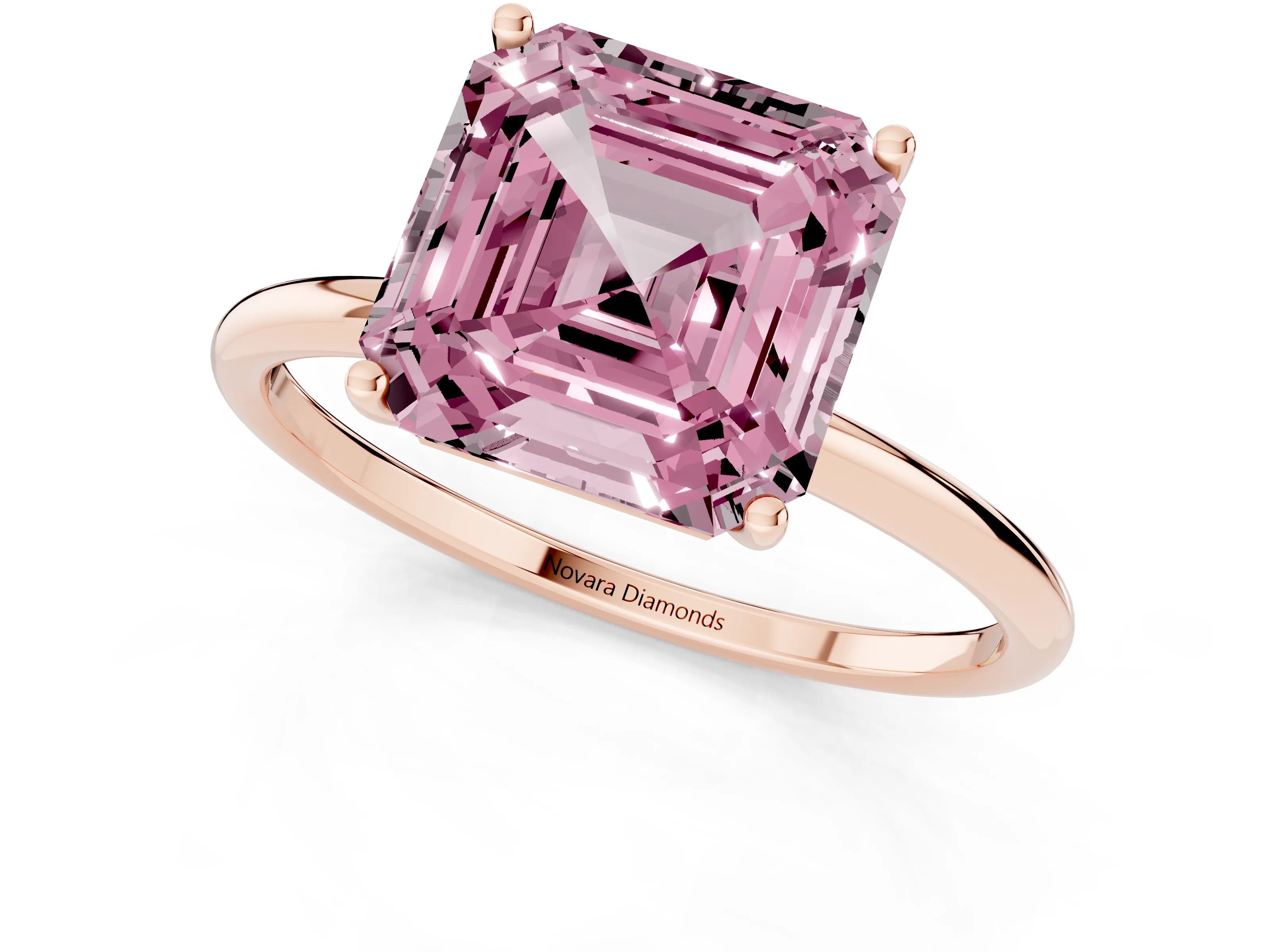Fancy Pink Asscher Cut Diamond Solitaire Engagement Ring Set in Rose gold with Thin Band and Prong Setting
