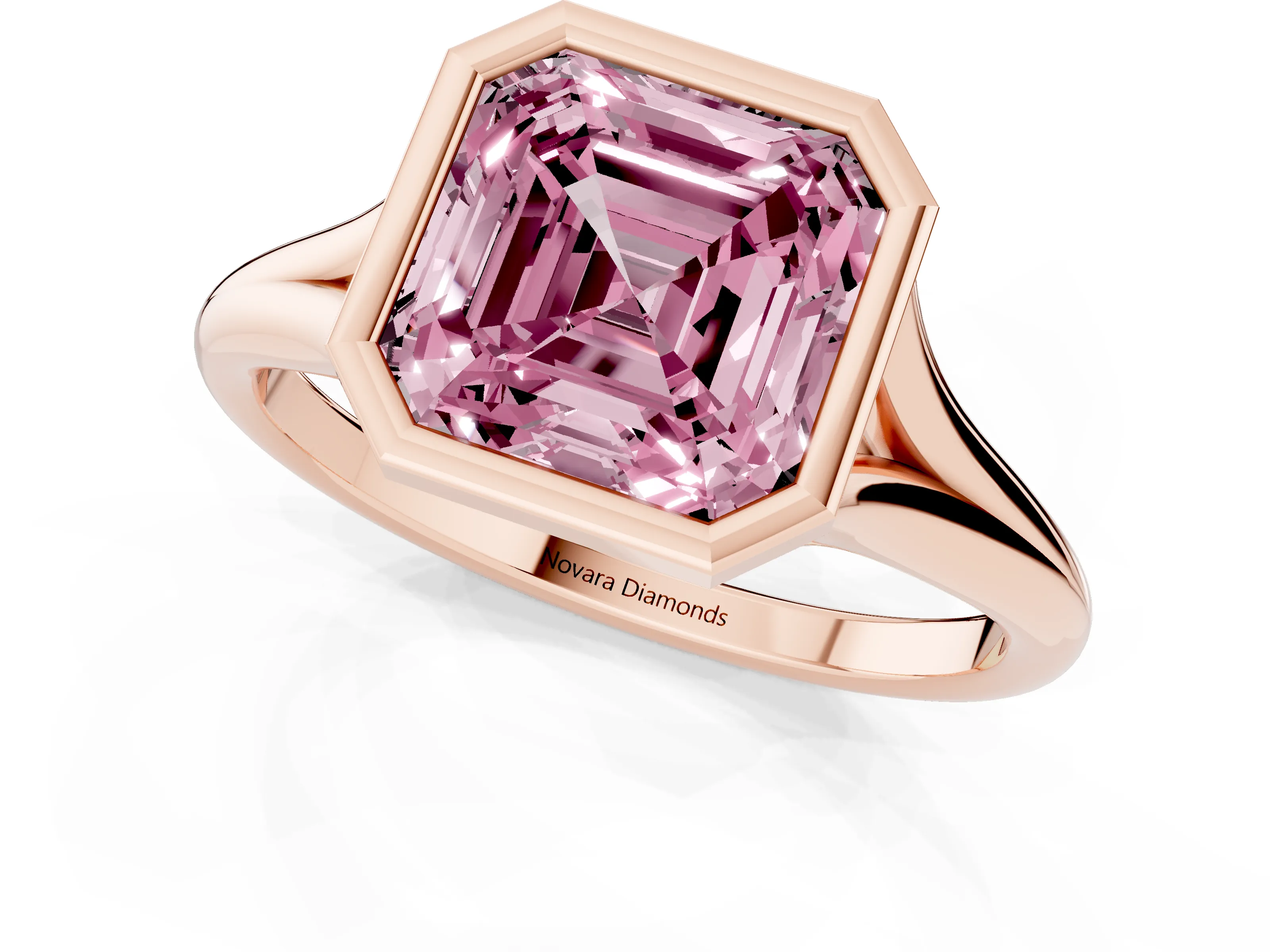 Fancy Pink Bezel Set Asscher Cut Diamond Solitaire Ring Set in Rose gold with Tapered Band