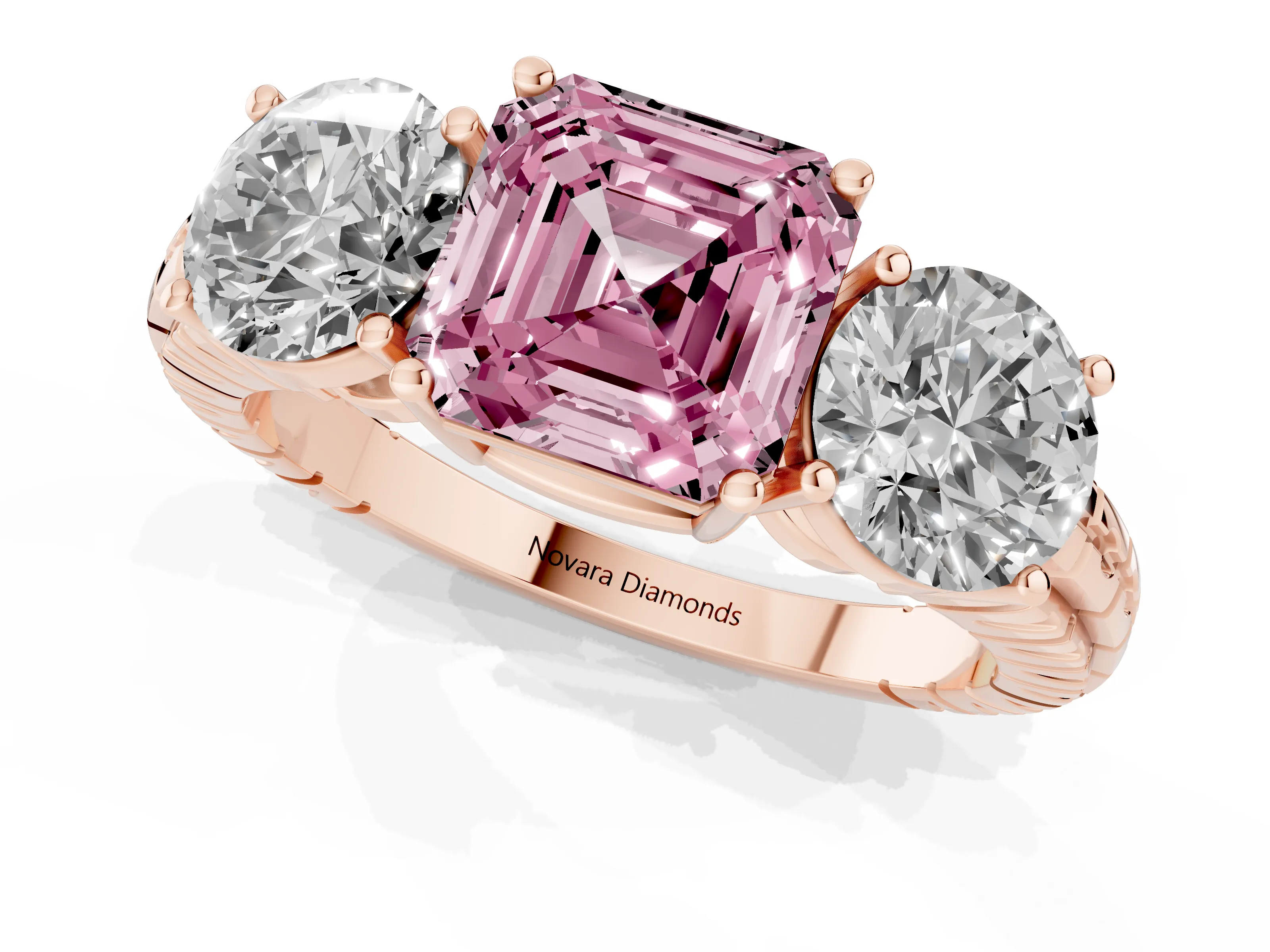 Fancy Pink Asscher Cut Diamond Three-Stone Ring Set in Rose gold with Channel-Set Accent Band