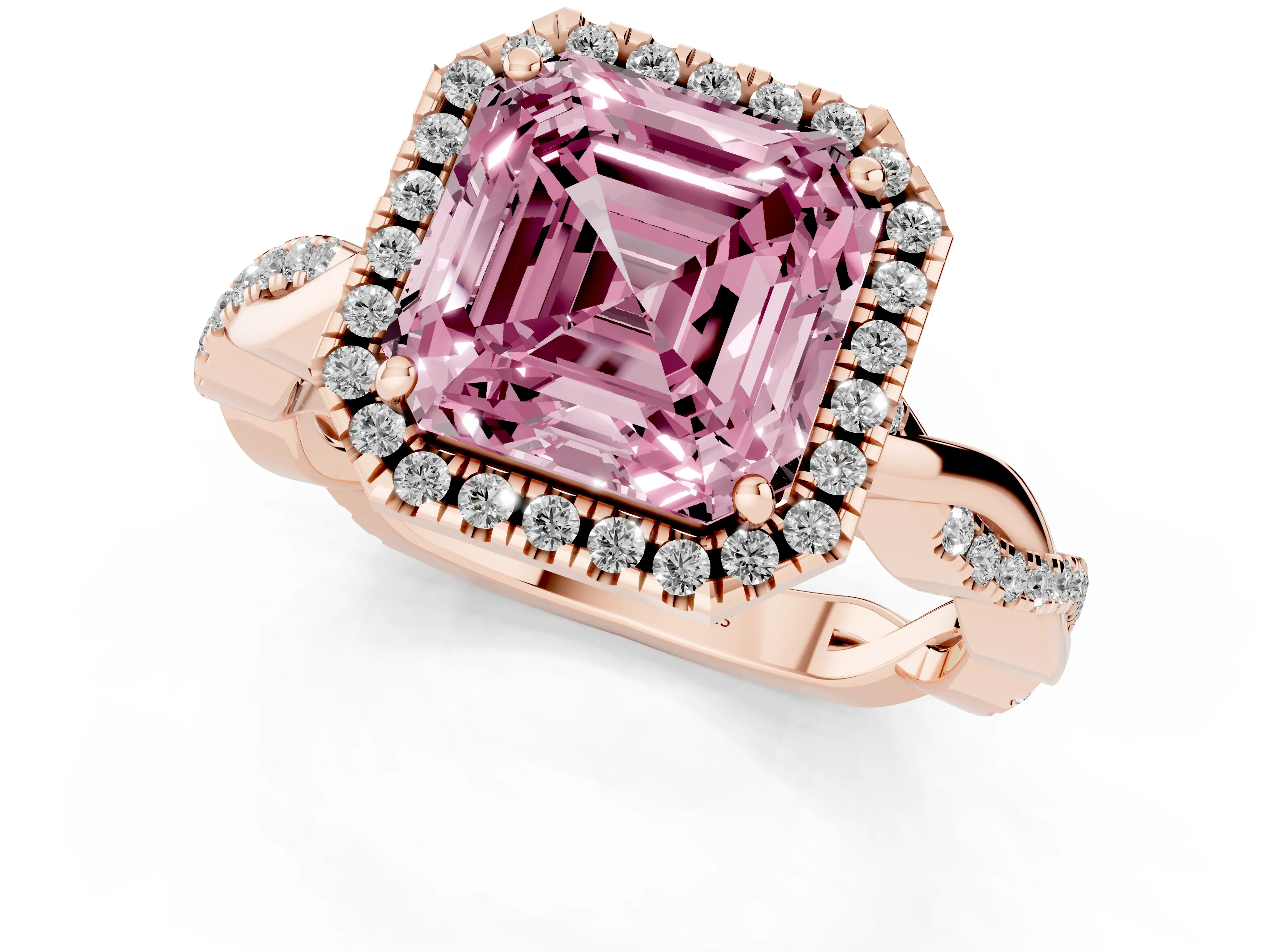 Fancy Pink Asscher Cut Diamond Halo Twisted Band Ring Set in Rose gold with Prong Setting