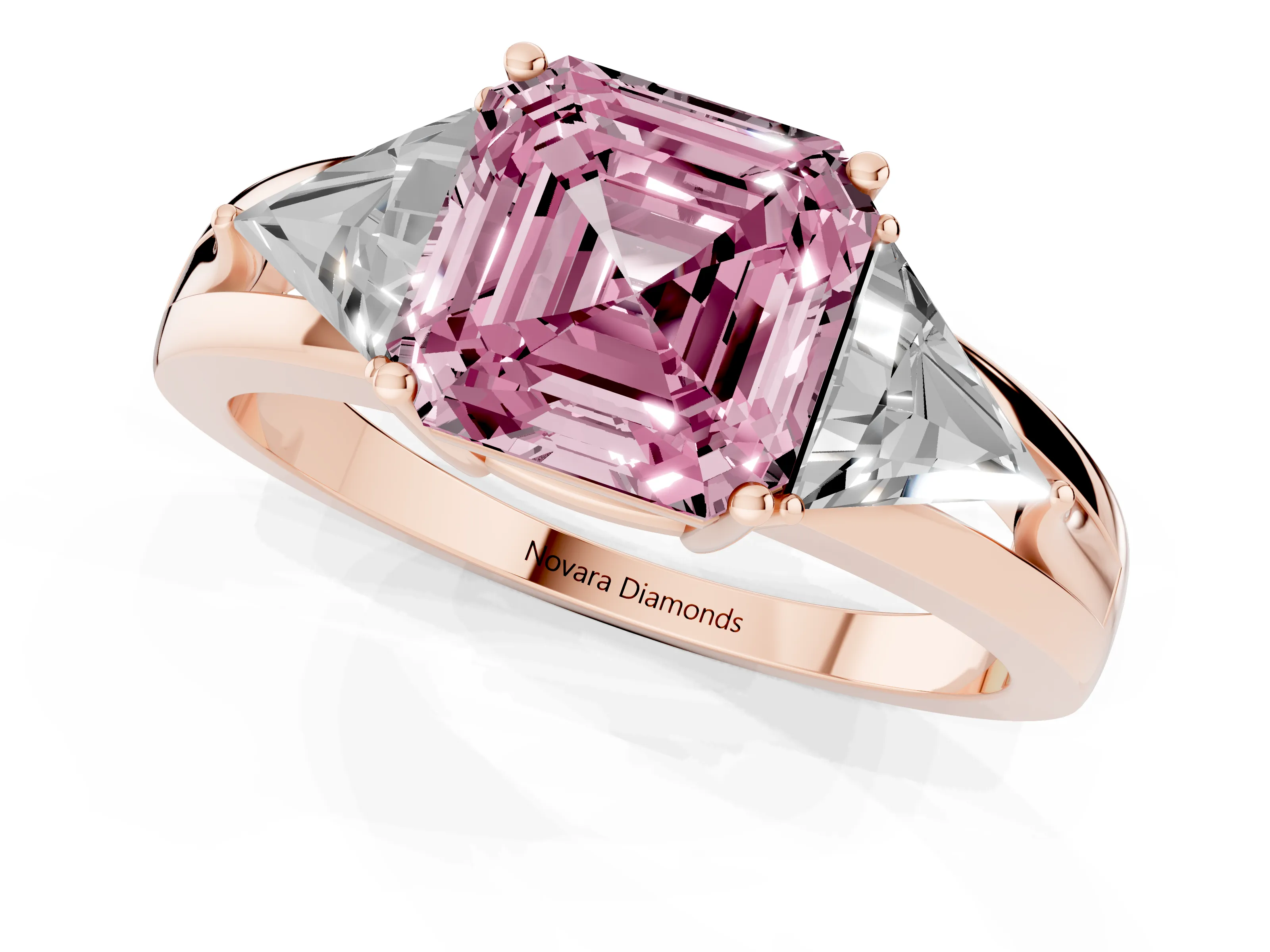 Fancy Pink Asscher Cut Diamond Three-Stone Ring Set in Rose gold with Trillion Side Stones and Split Shank