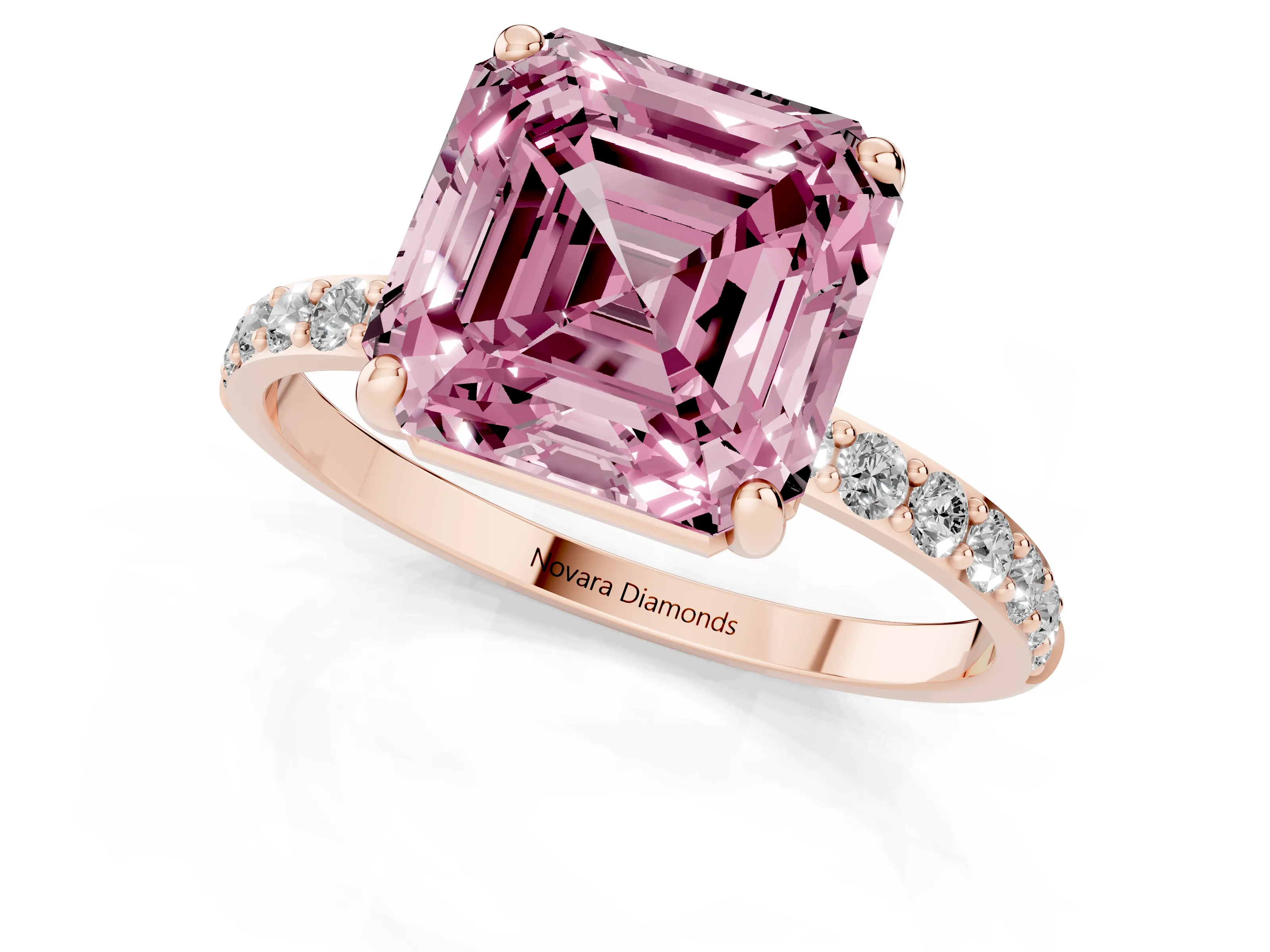 Fancy Pink Asscher Cut Diamond Solitaire Ring Set in Rose gold with Round Pavé Band and Prong Setting
