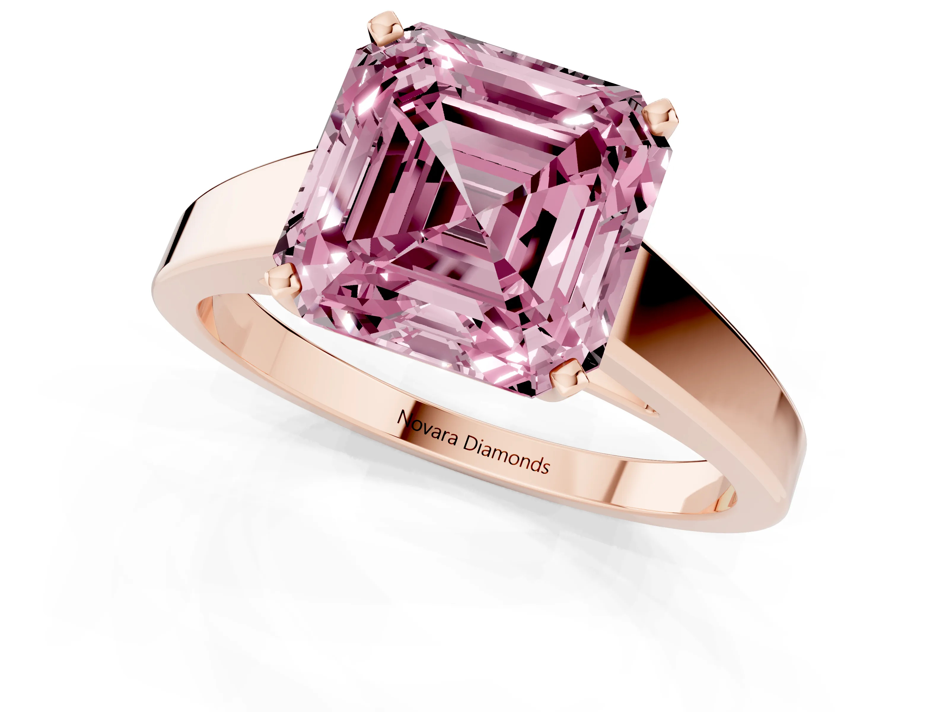 Fancy Pink Asscher Cut Diamond Solitaire Engagement Ring Set in Rose gold with Prong Setting and Tapered Band