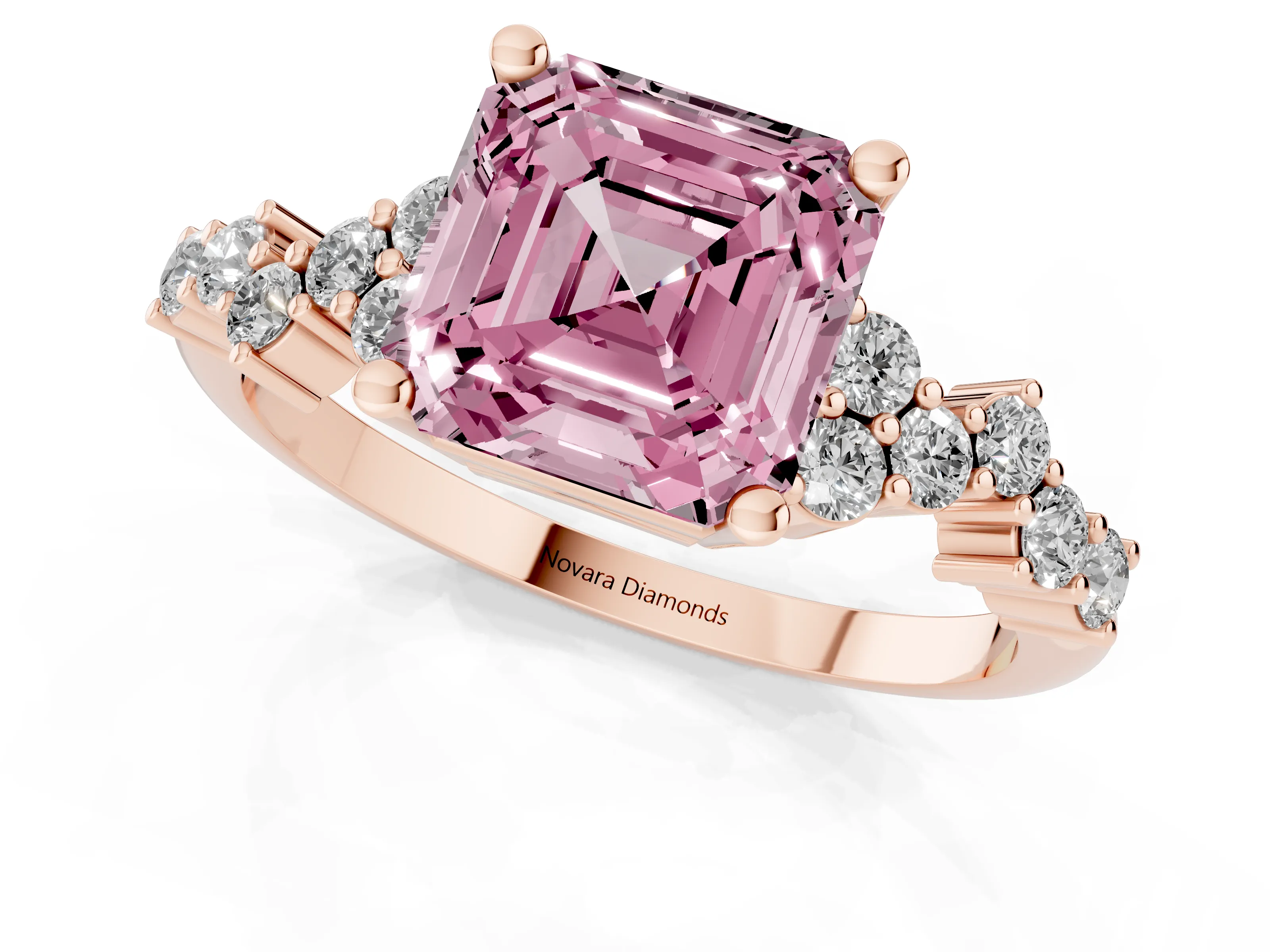 Fancy Pink Asscher Cut Diamond Ring Set in Rose gold with Scattered Round Accents