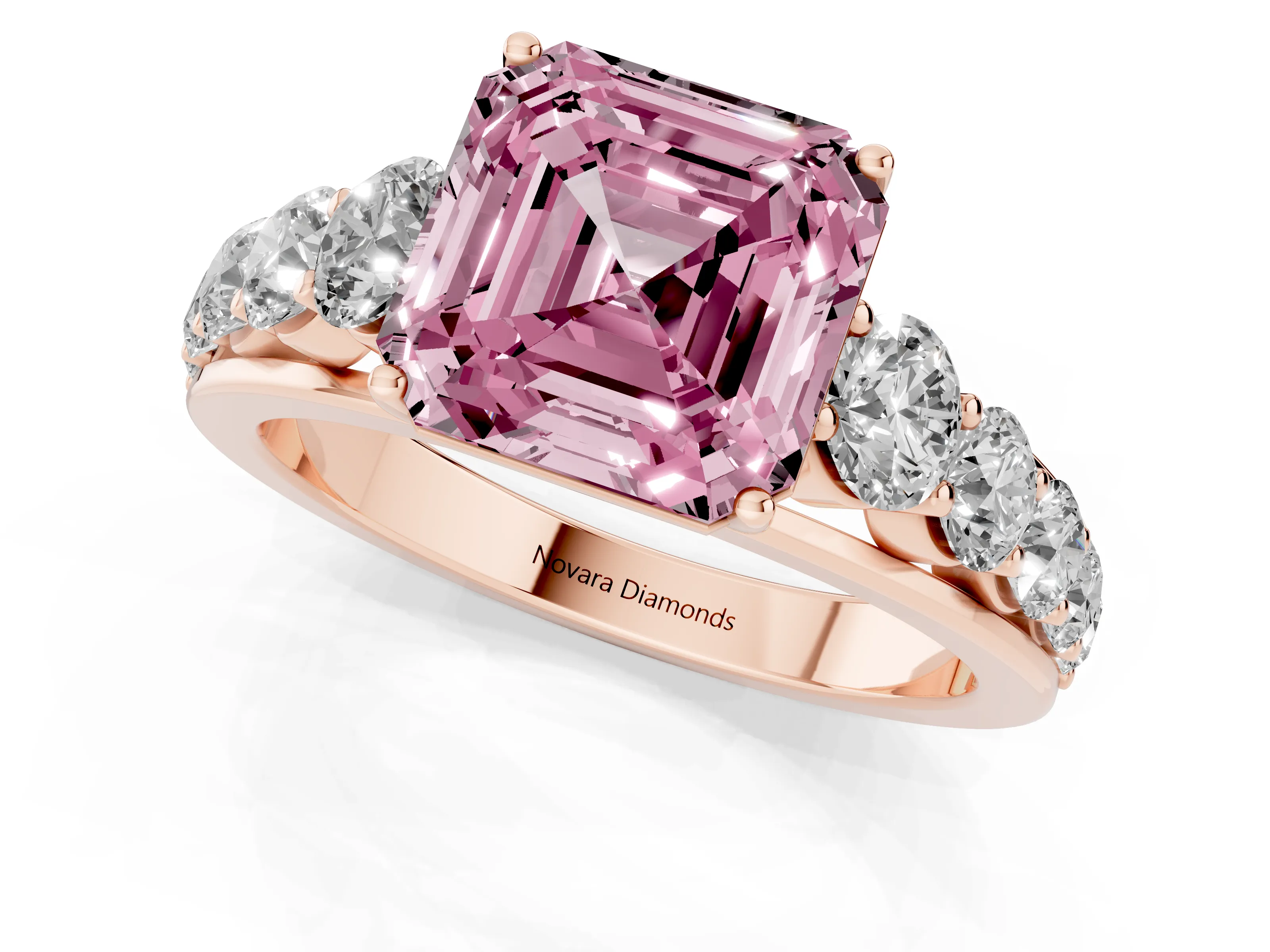 Fancy Pink Asscher Cut Diamond Solitaire Ring Set in Rose gold with Pavé-Set Band and Prong Setting