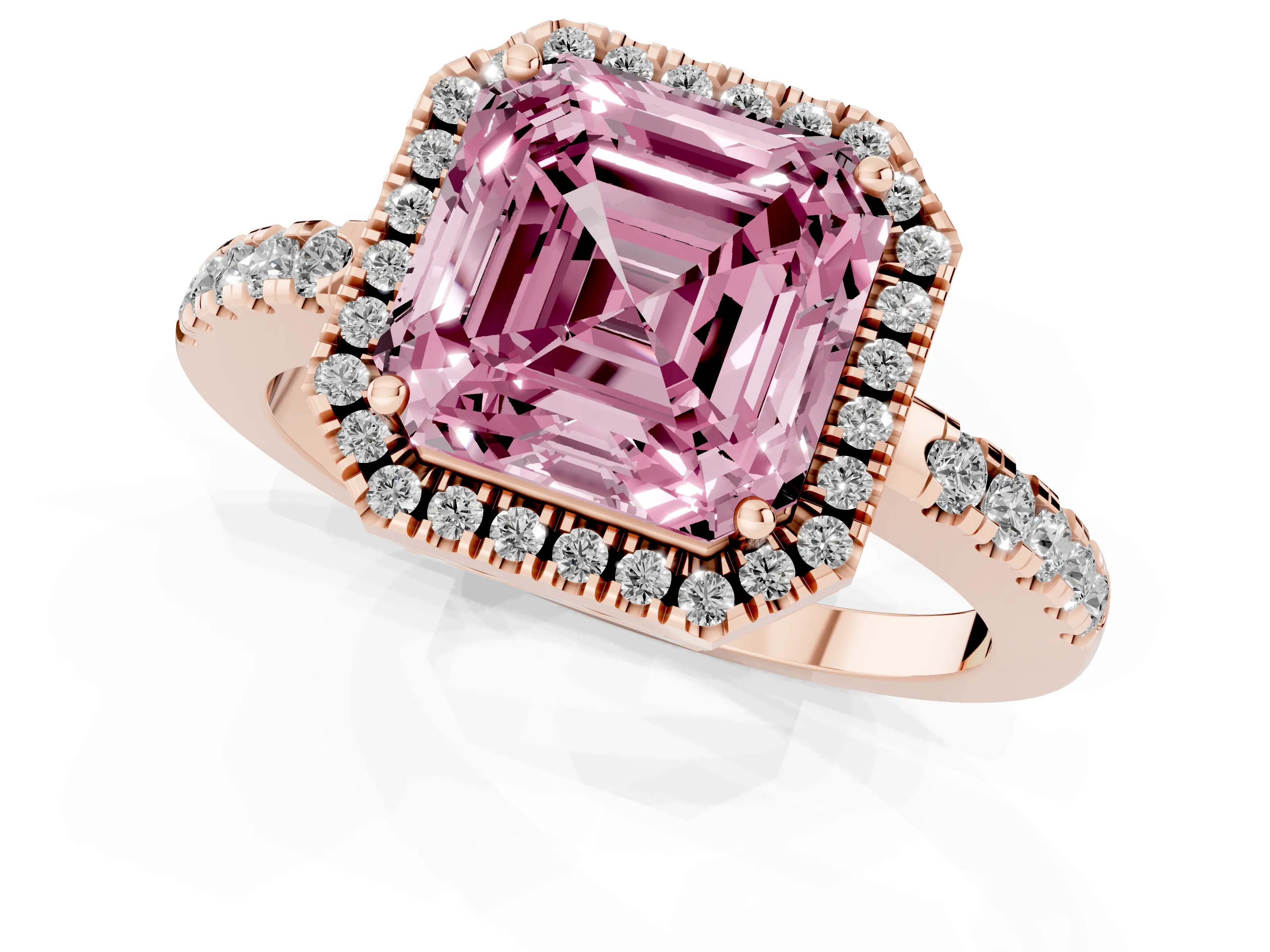 Fancy Pink Asscher Cut Diamond Pavé Band Halo Engagement Ring Set in Rose gold with Prong Setting