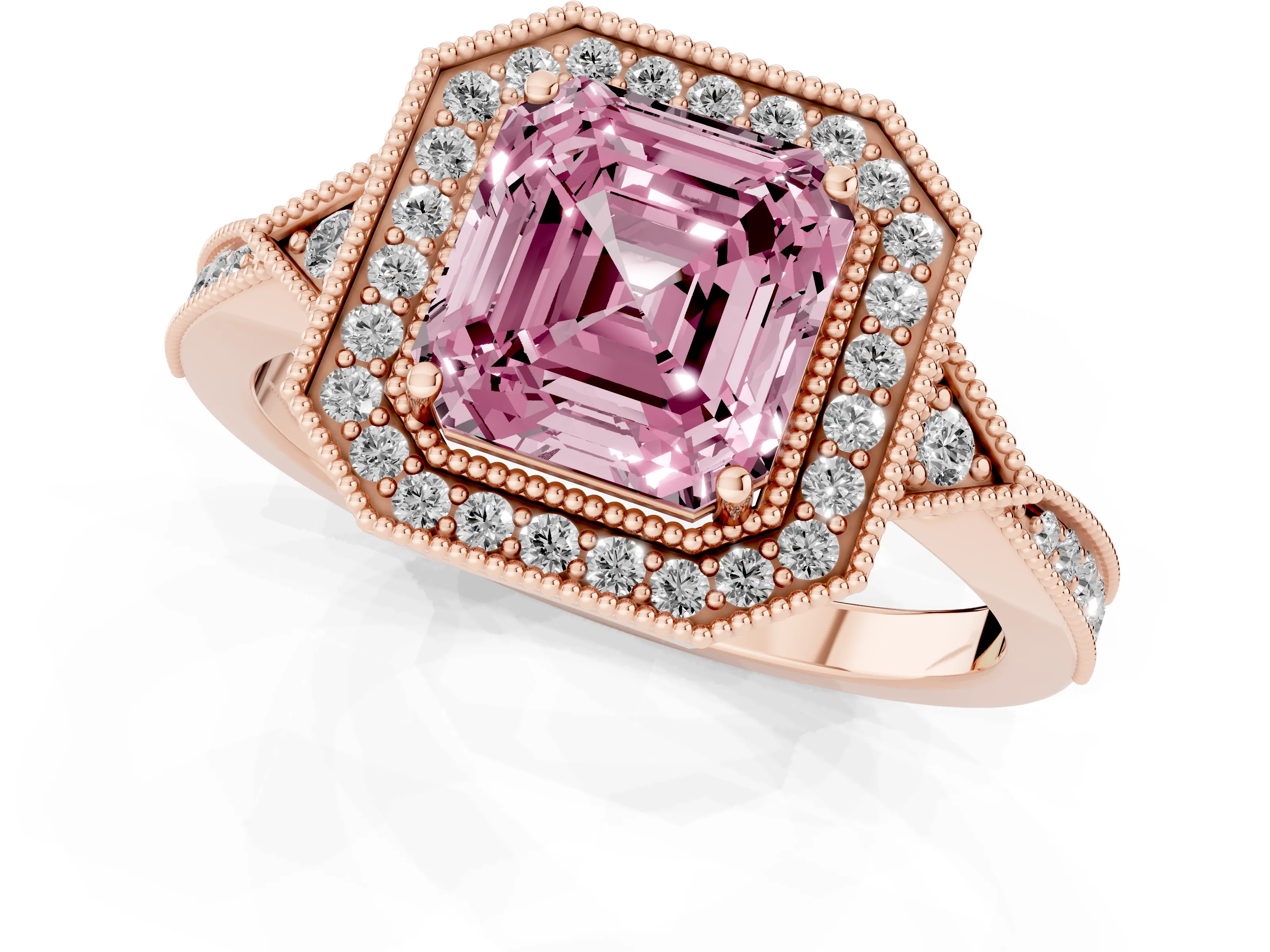 Fancy Pink Asscher Cut Diamond Halo Engagement Ring Set in Rose gold with Milgrain Pavé Band