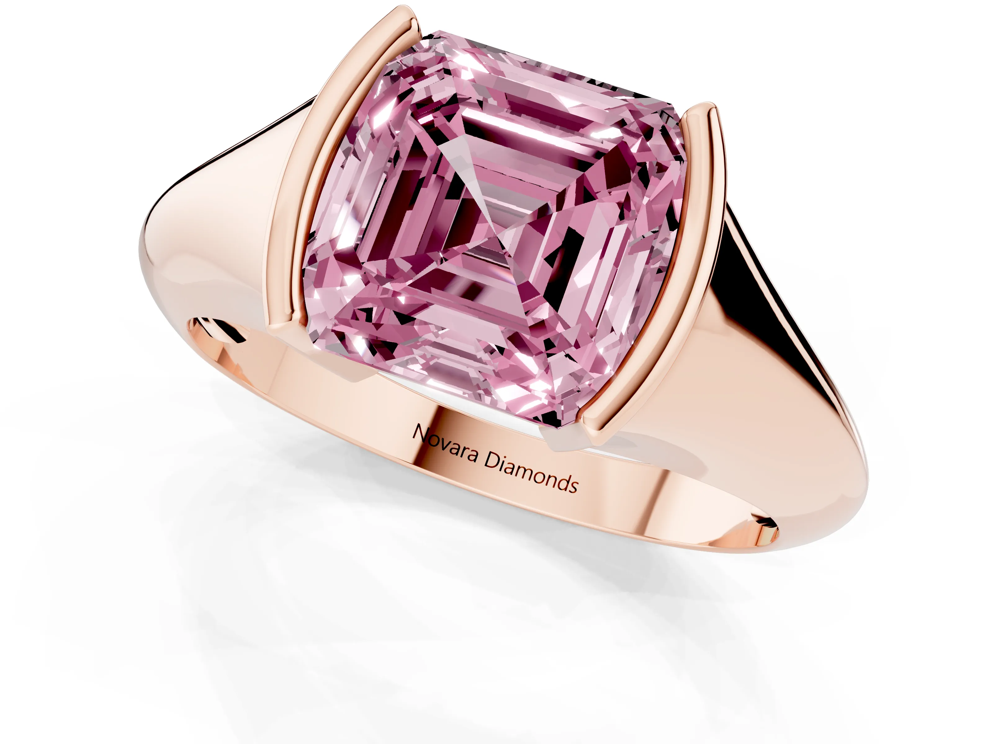 Fancy Pink Asscher Cut Diamond Solitaire Tension Set Ring Set in Rose gold