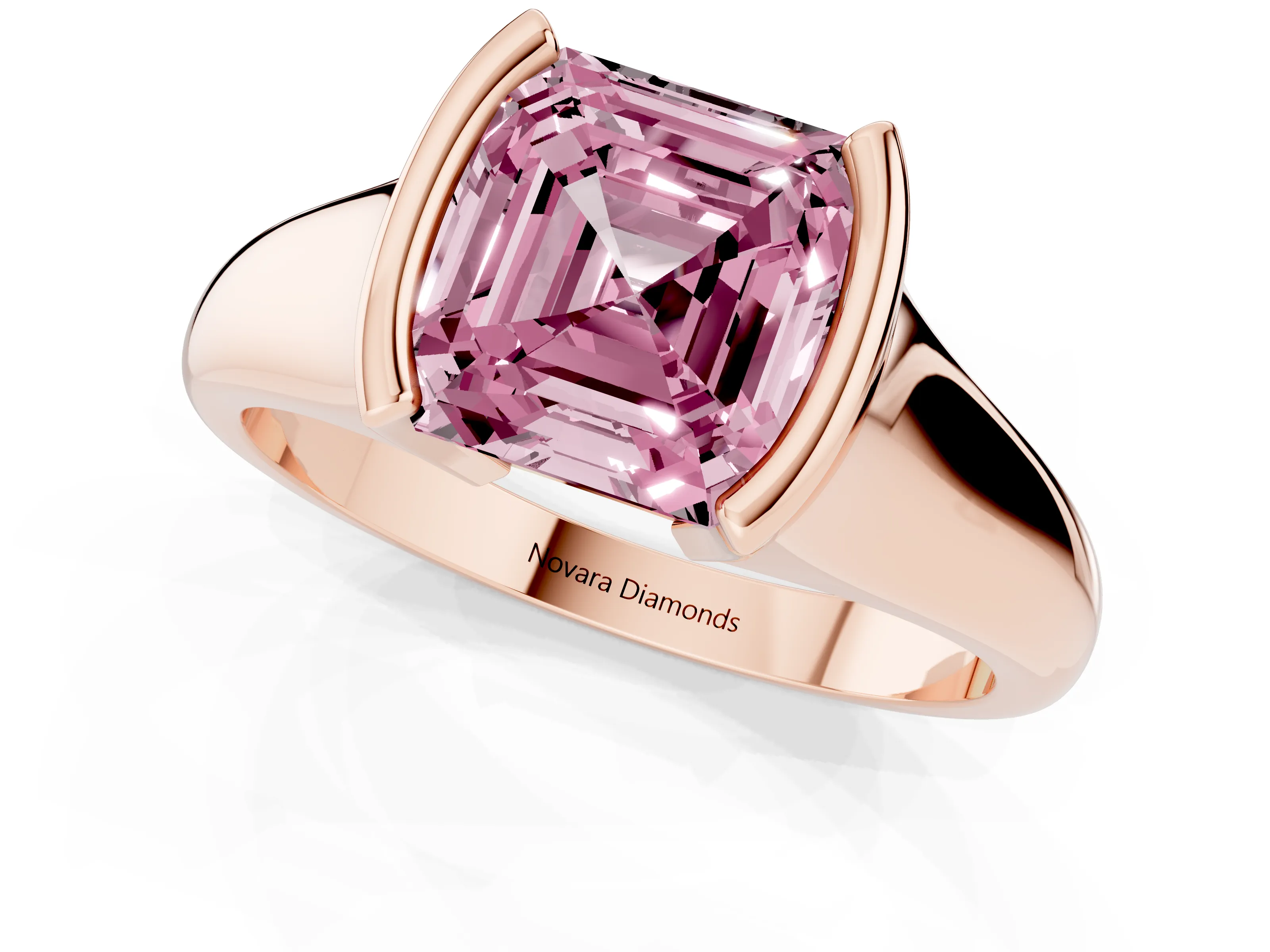 Fancy Pink Asscher Cut Diamond Solitaire Tension Set Ring Set in Rose gold with Split Shank Band